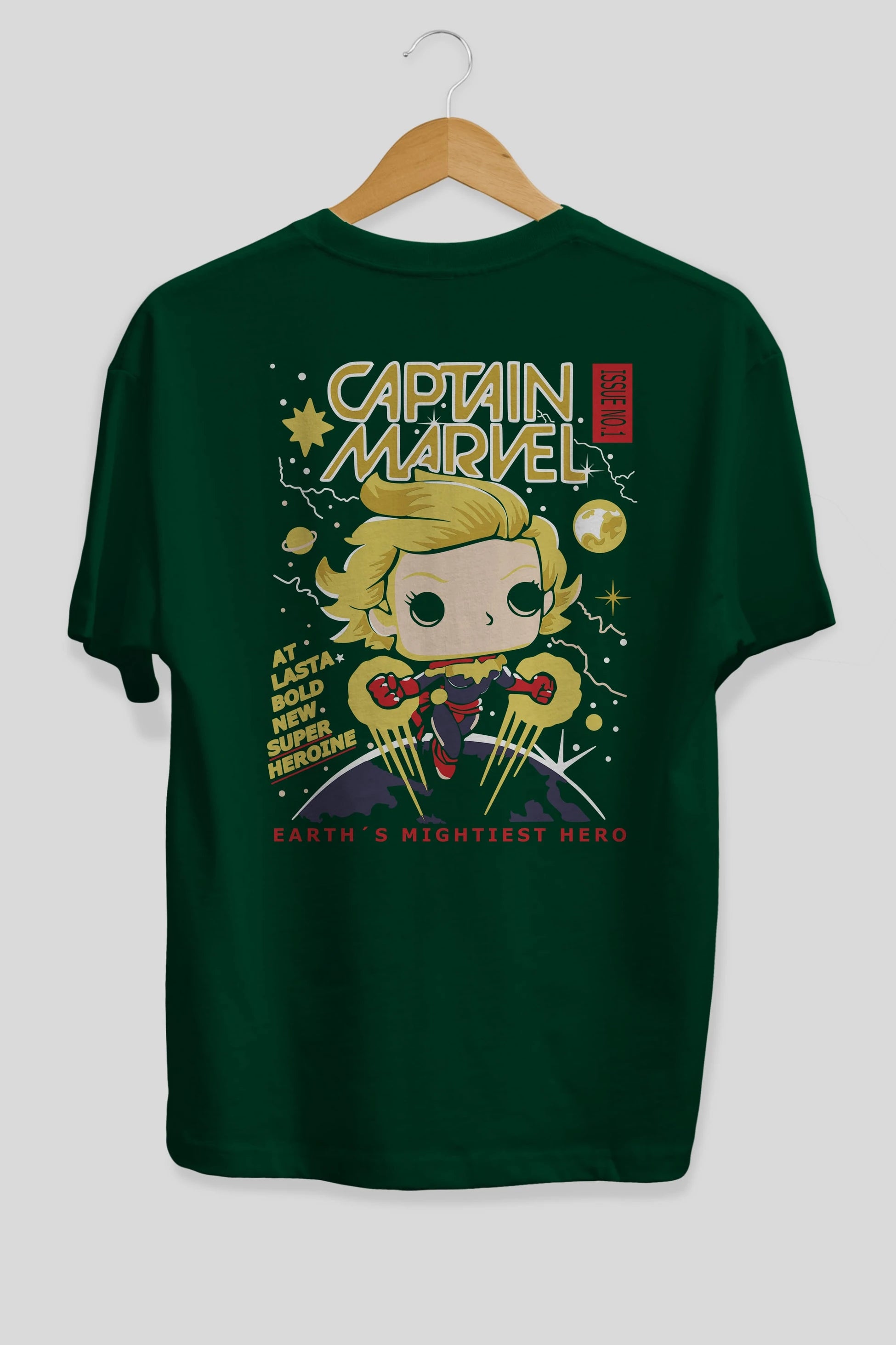 Captain Marvel Arka Baskılı Oversize t-shirt Erkek Kadın Unisex %100 Pamuk Bisiklet Yaka tişort