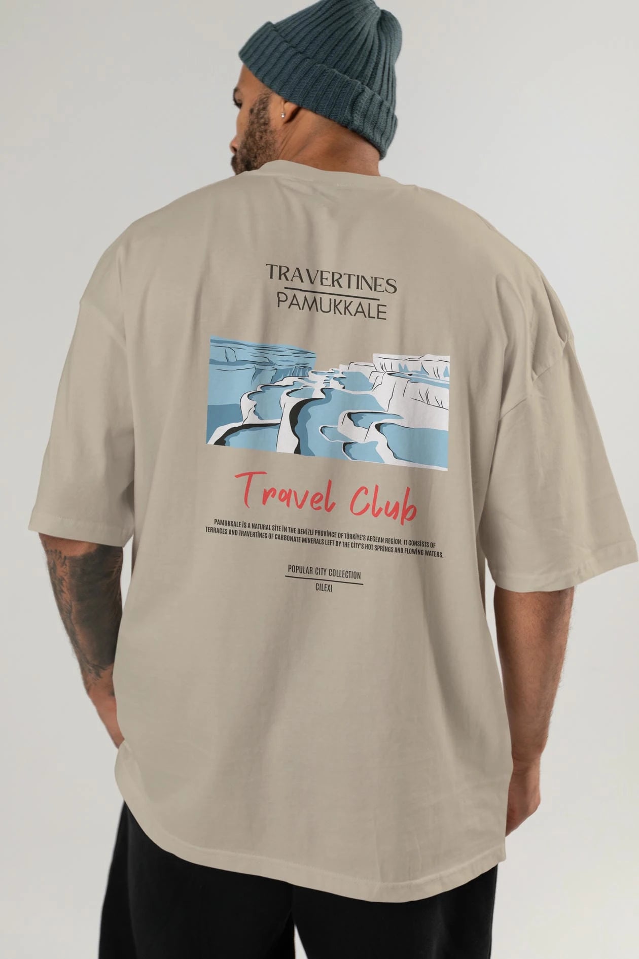 Travertines Pamukkale Arka Baskılı Oversize t-shirt Erkek Kadın Pamuk Bisiklet Yaka tişort