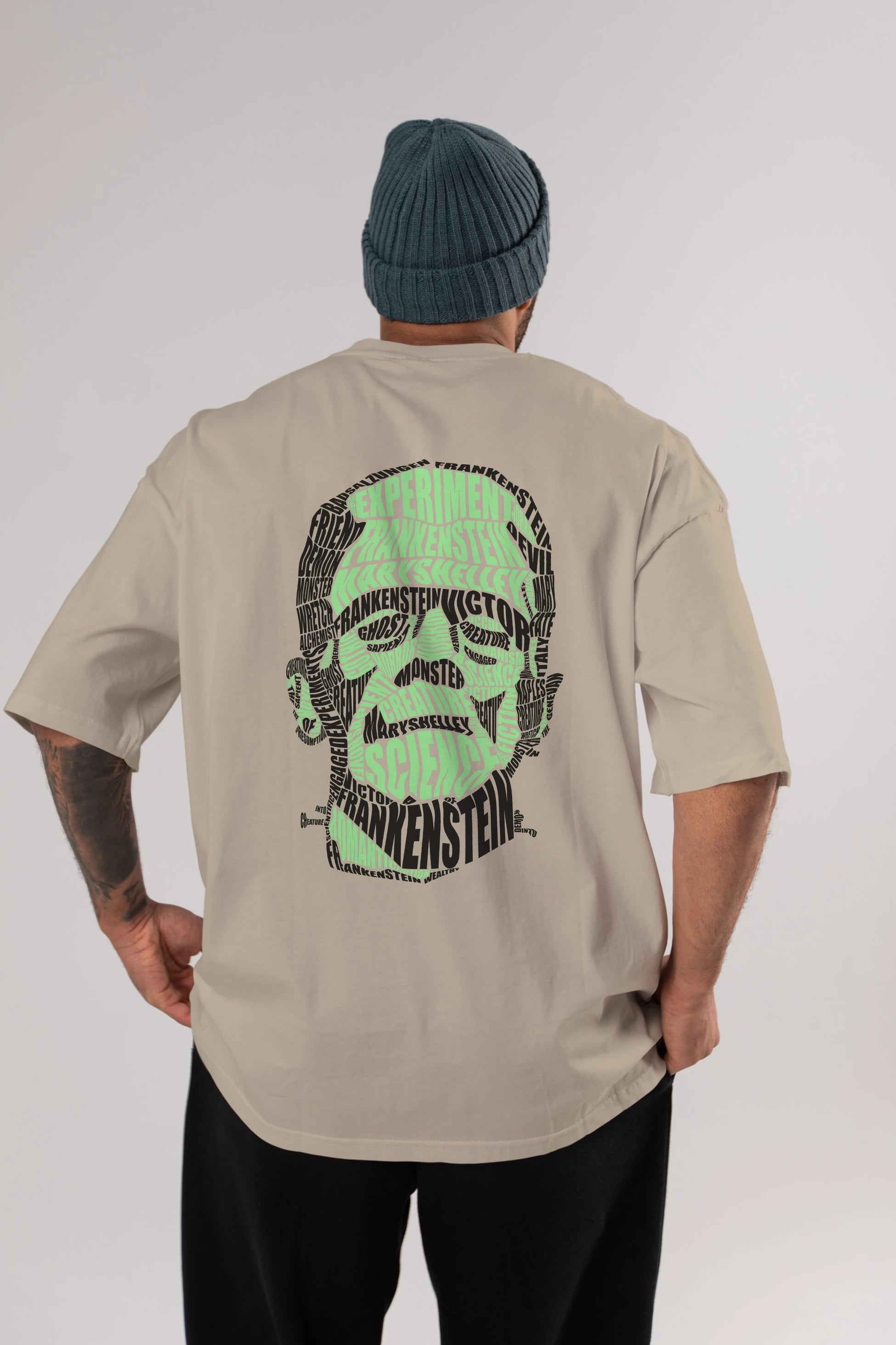 Frankenstein Calligram Arka Baskılı Oversize t-shirt %100 pamuk Erkek Kadın Unisex