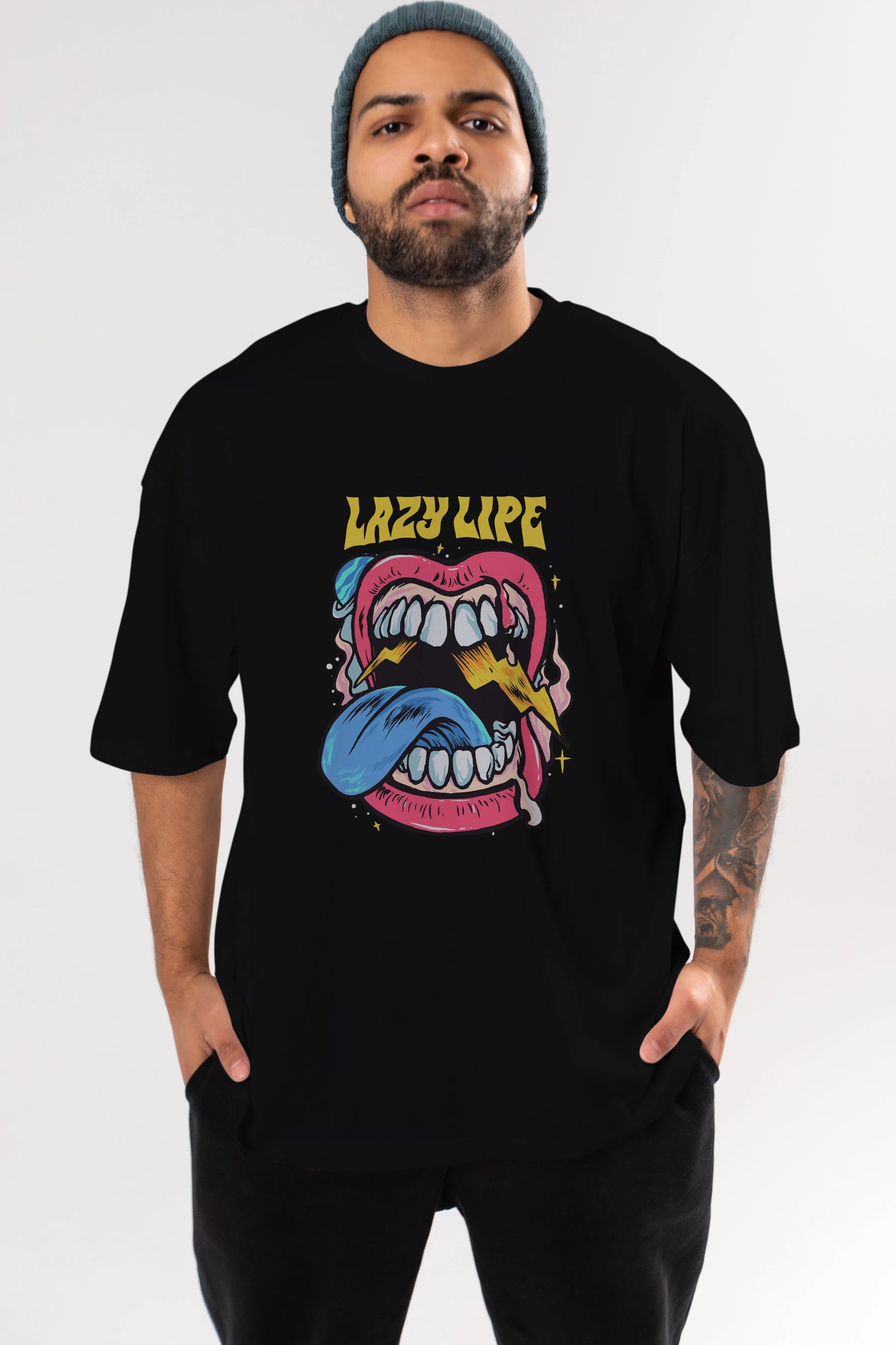 Lazy Lipe Ön Baskılı Oversize t-shirt Erkek Kadın Unisex