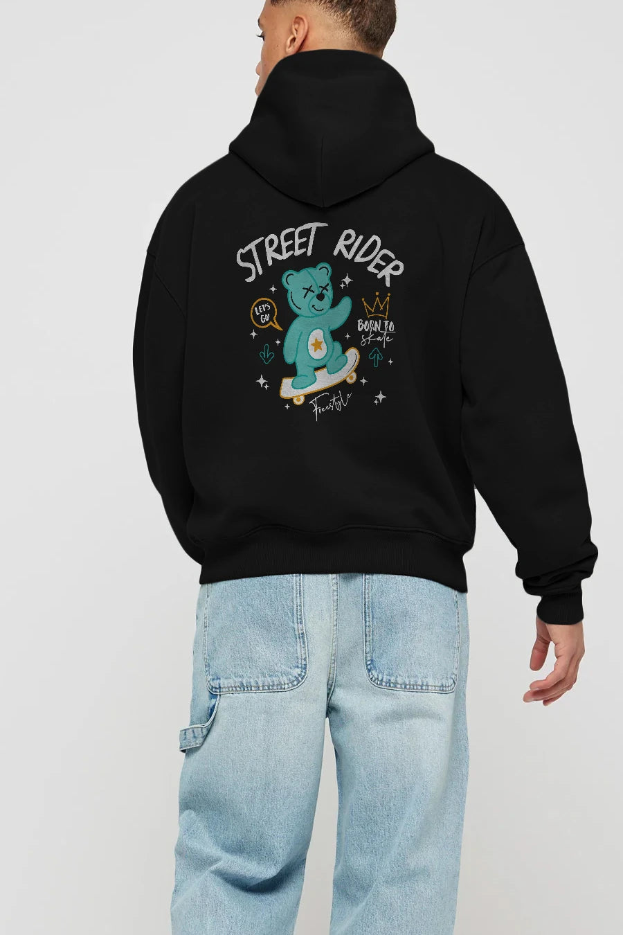 Street Rider Bear Arka Baskılı Hoodie Oversize Kapüşonlu Sweatshirt Erkek Kadın Unisex