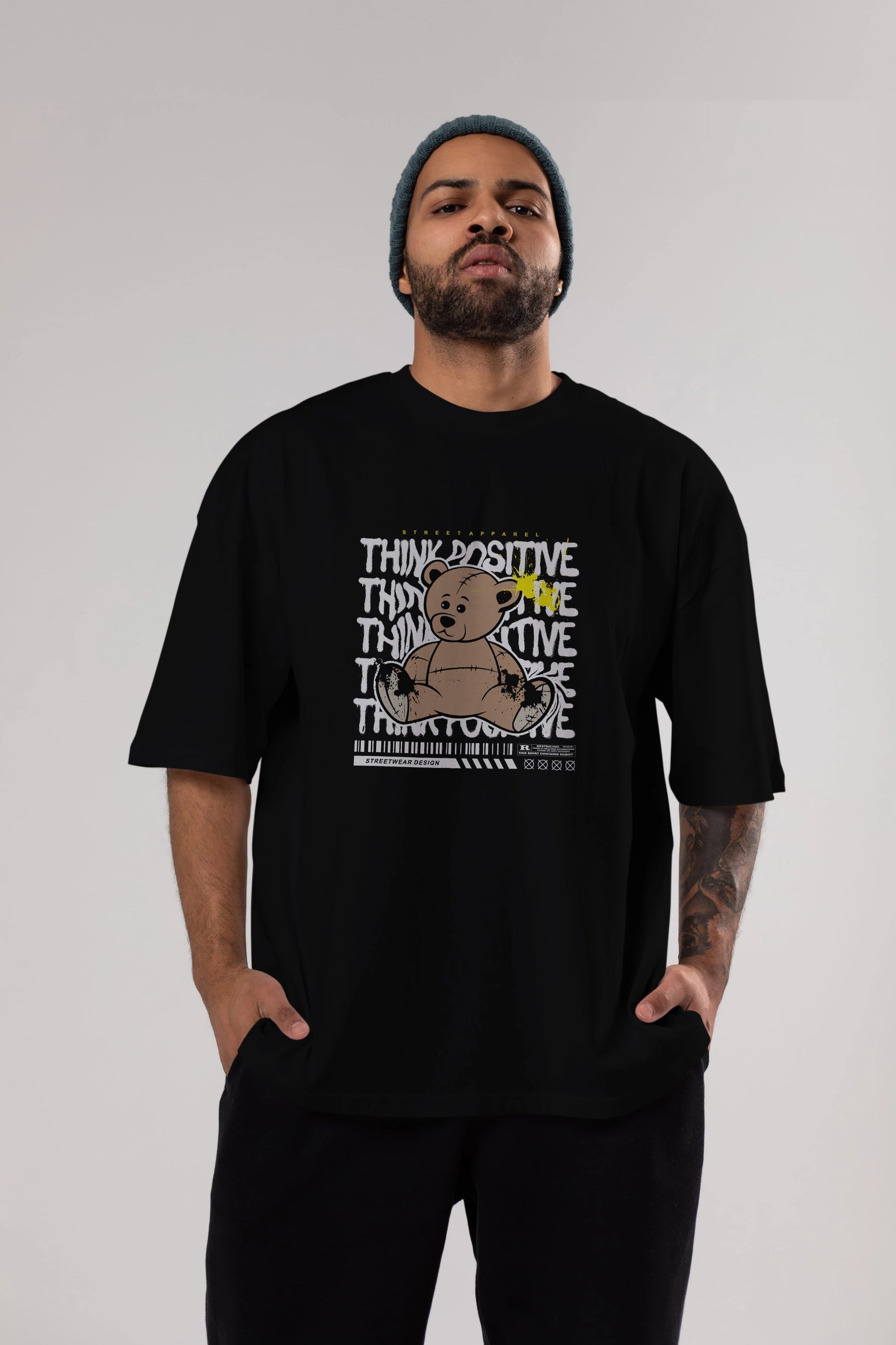 Teddy Bear Think Positive Ön Baskılı Oversize t-shirt Erkek Kadın Unisex