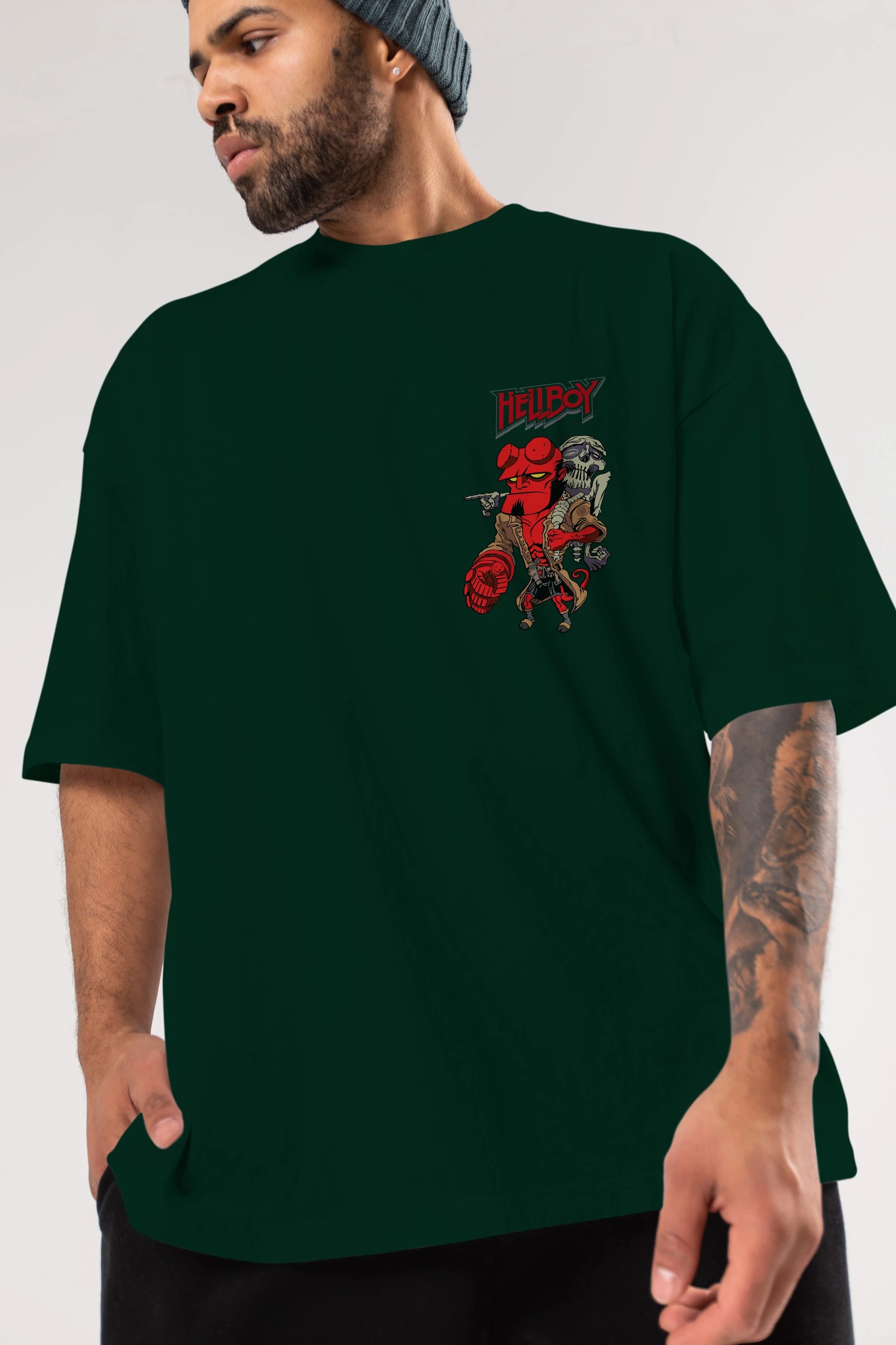 Hellboy (2) Ön Sol Baskılı Oversize t-shirt Erkek Kadın Unisex %100 Pamuk Bisiklet Yaka tişort