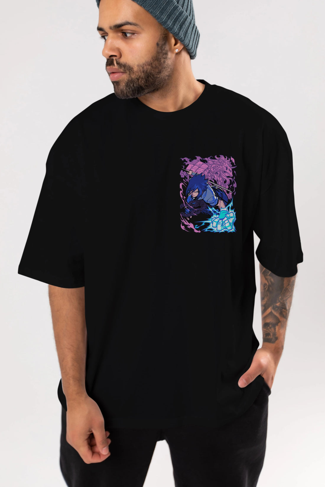 NARUTO SASUKE UCHIHA 2 Ön Sol Baskılı Oversize t-shirt Erkek Kadın Unisex %100 Pamuk Bisiklet Yaka tişort