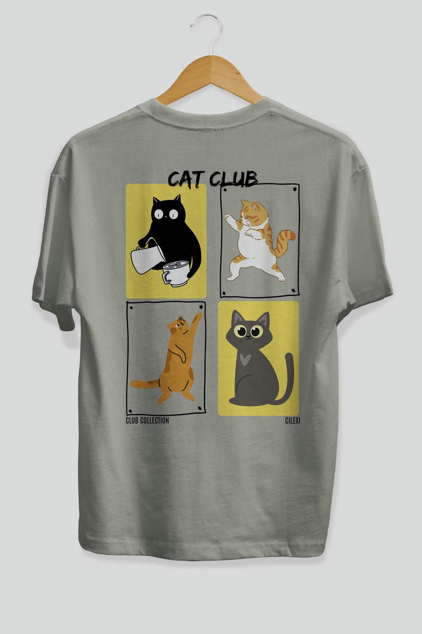 Cat Club Arka Baskılı Oversize t-shirt Erkek Kadın %100 Pamuk Bisiklet Yaka tişort