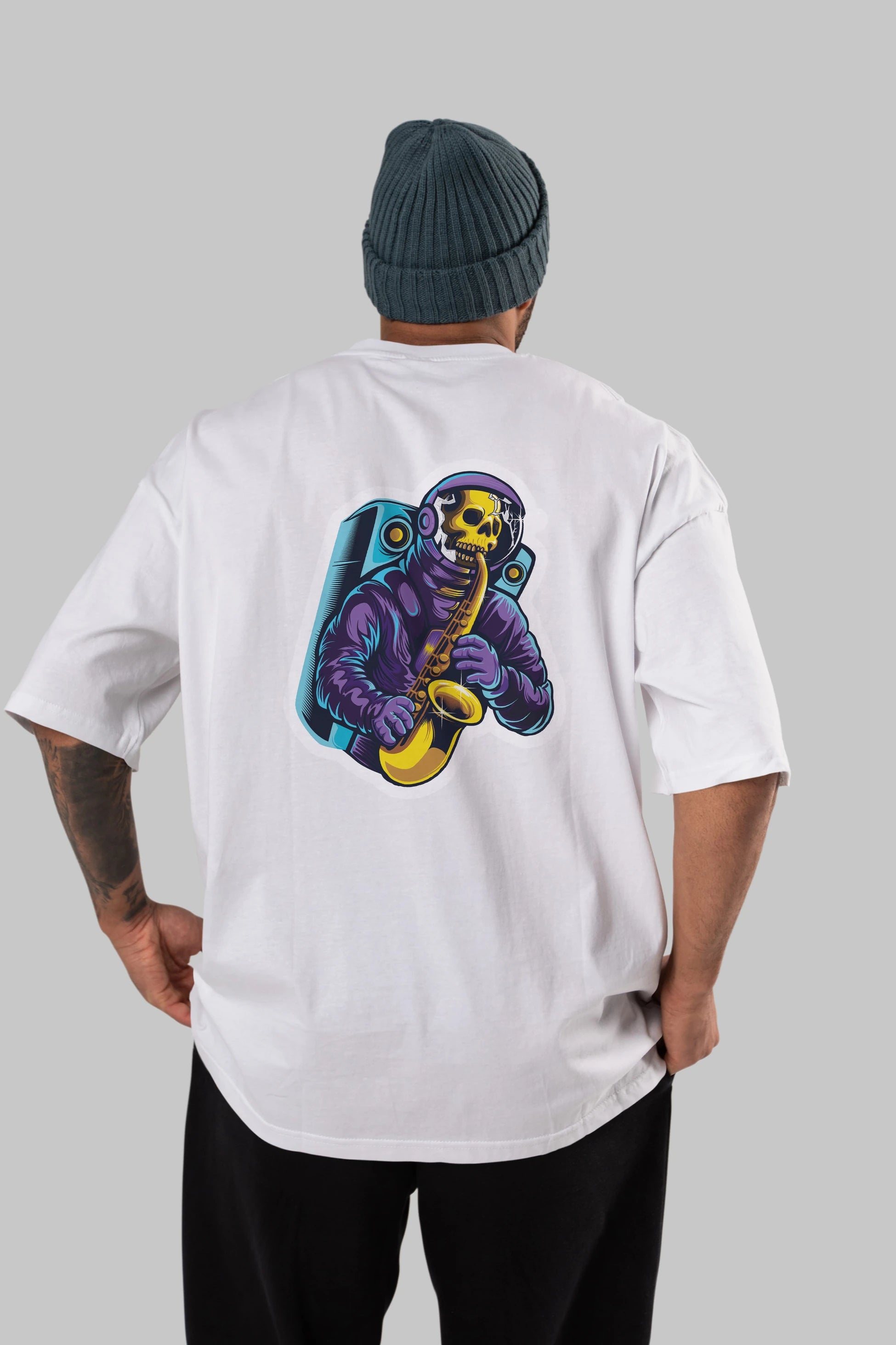 Astroskull Saxophonist Sticker Arka Baskılı Oversize t-shirt Erkek Kadın Unisex