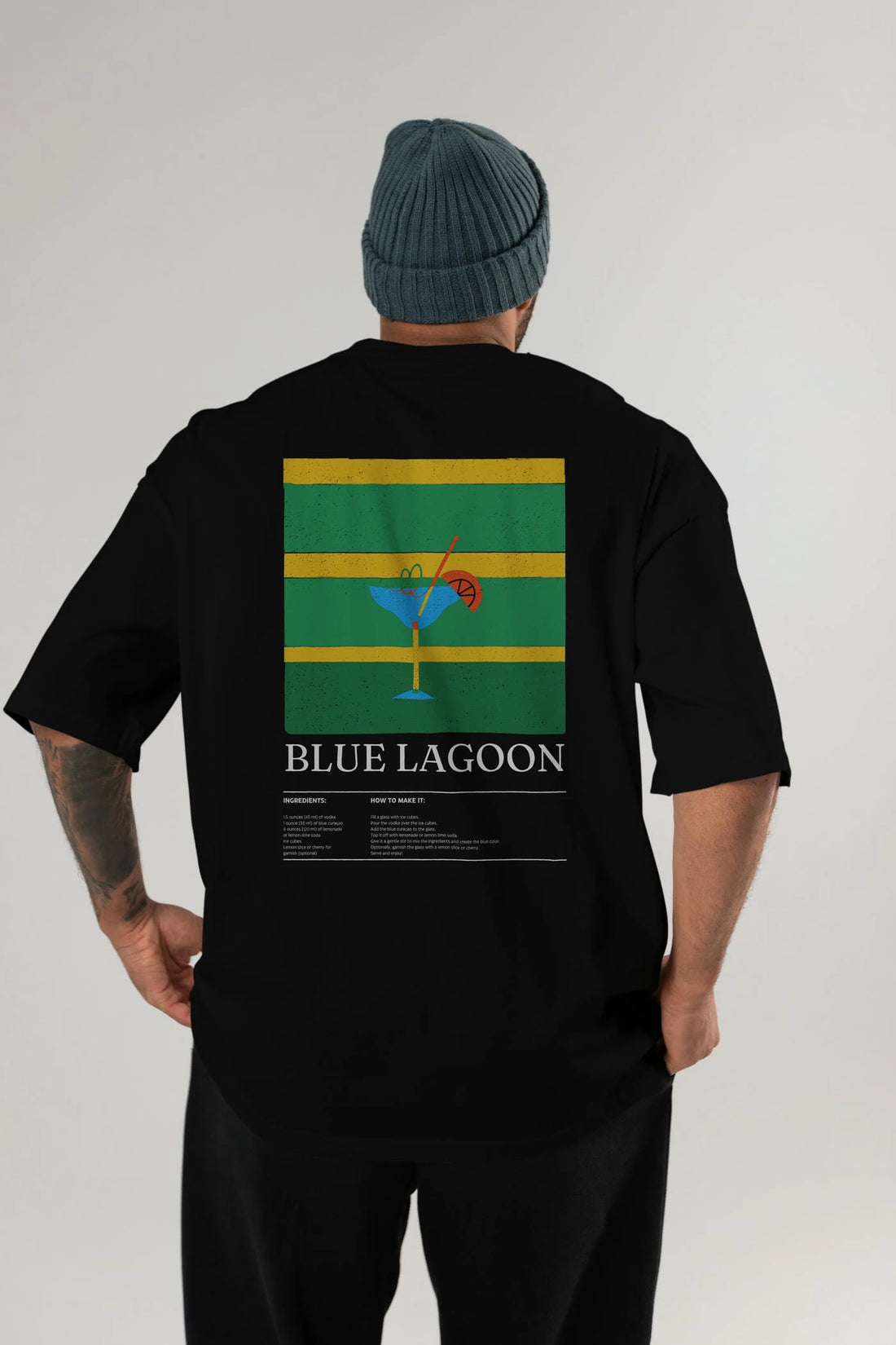 Blue Lagoon Kokteyl Serisi Arka Baskılı Oversize t-shirt Erkek Kadın %100 Pamuk Bisiklet Yaka tişort