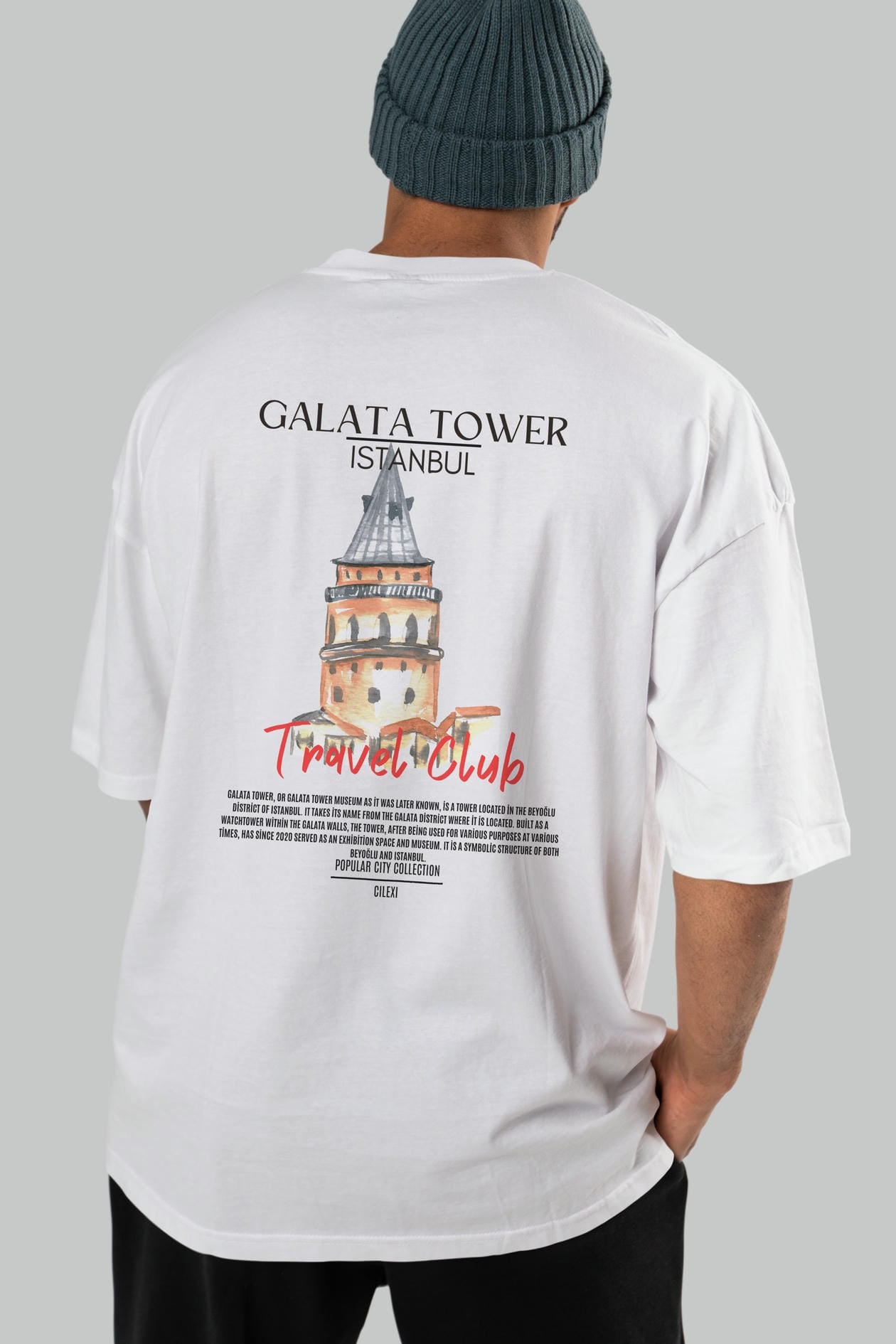 Galata Tower İstanbul Arka Baskılı Oversize t-shirt Erkek Kadın Pamuk Bisiklet Yaka tişort
