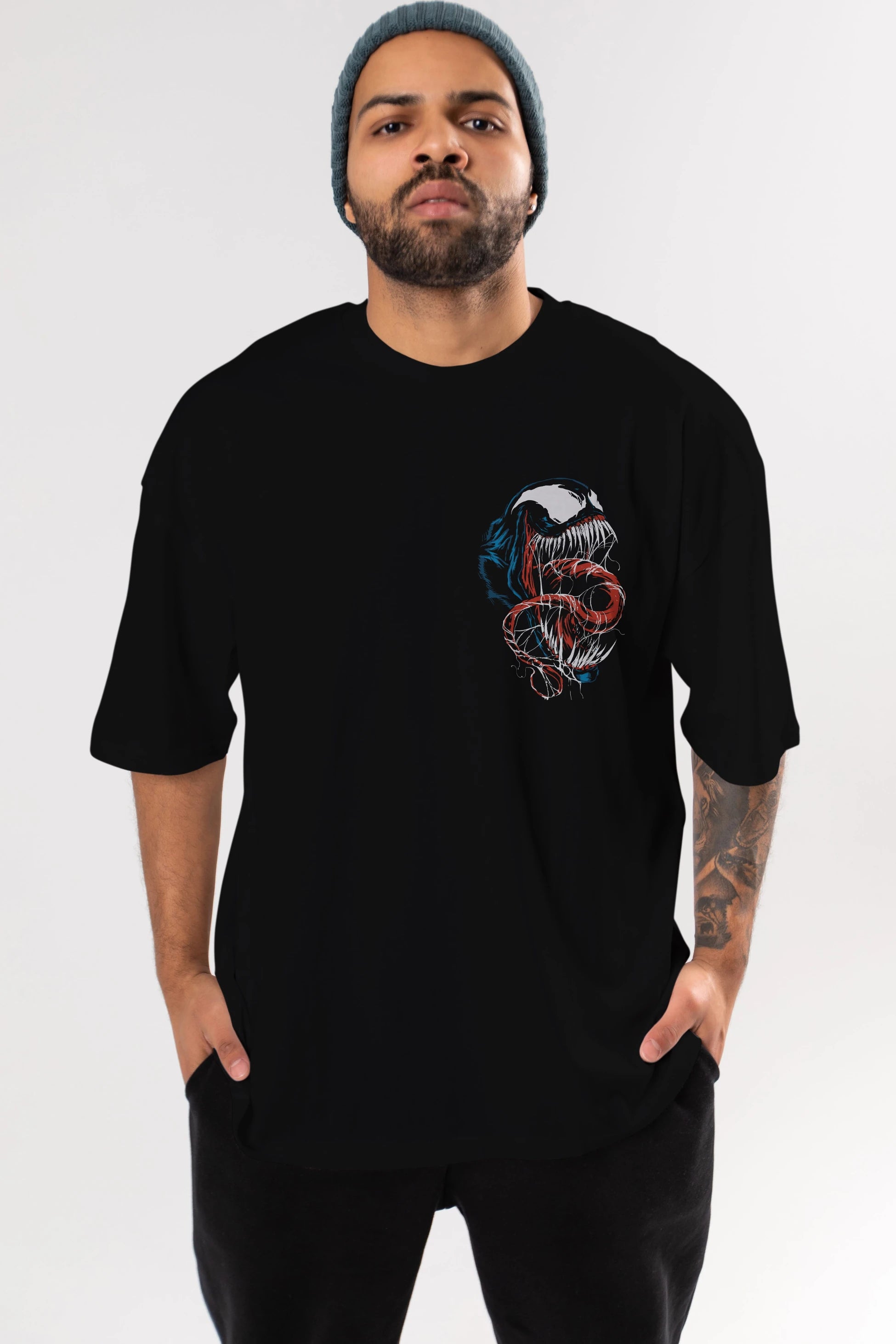 Venom (10) Ön Sol Baskılı Oversize t-shirt Erkek Kadın Unisex %100 Pamuk Bisiklet Yaka tişort