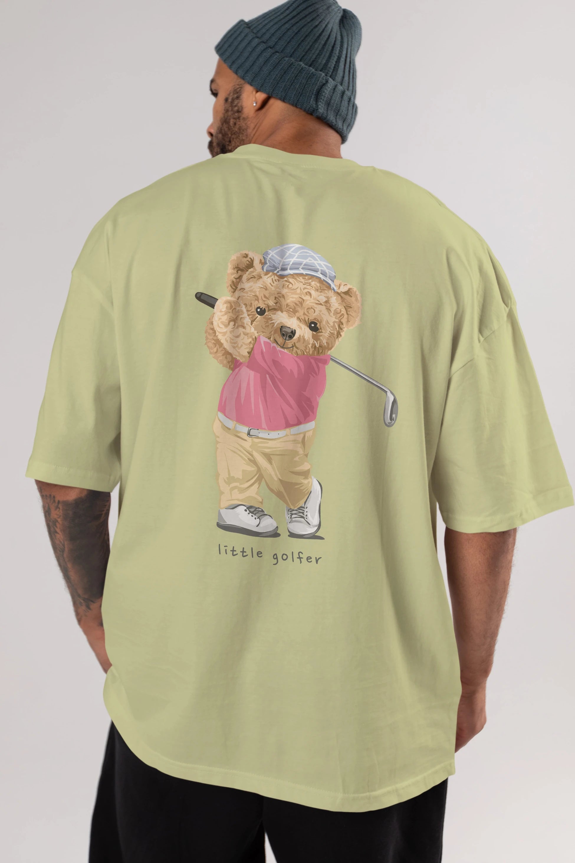 Teddy Bear Little Golfer Arka Baskılı Oversize t-shirt Erkek Kadın Unisex %100 Pamuk