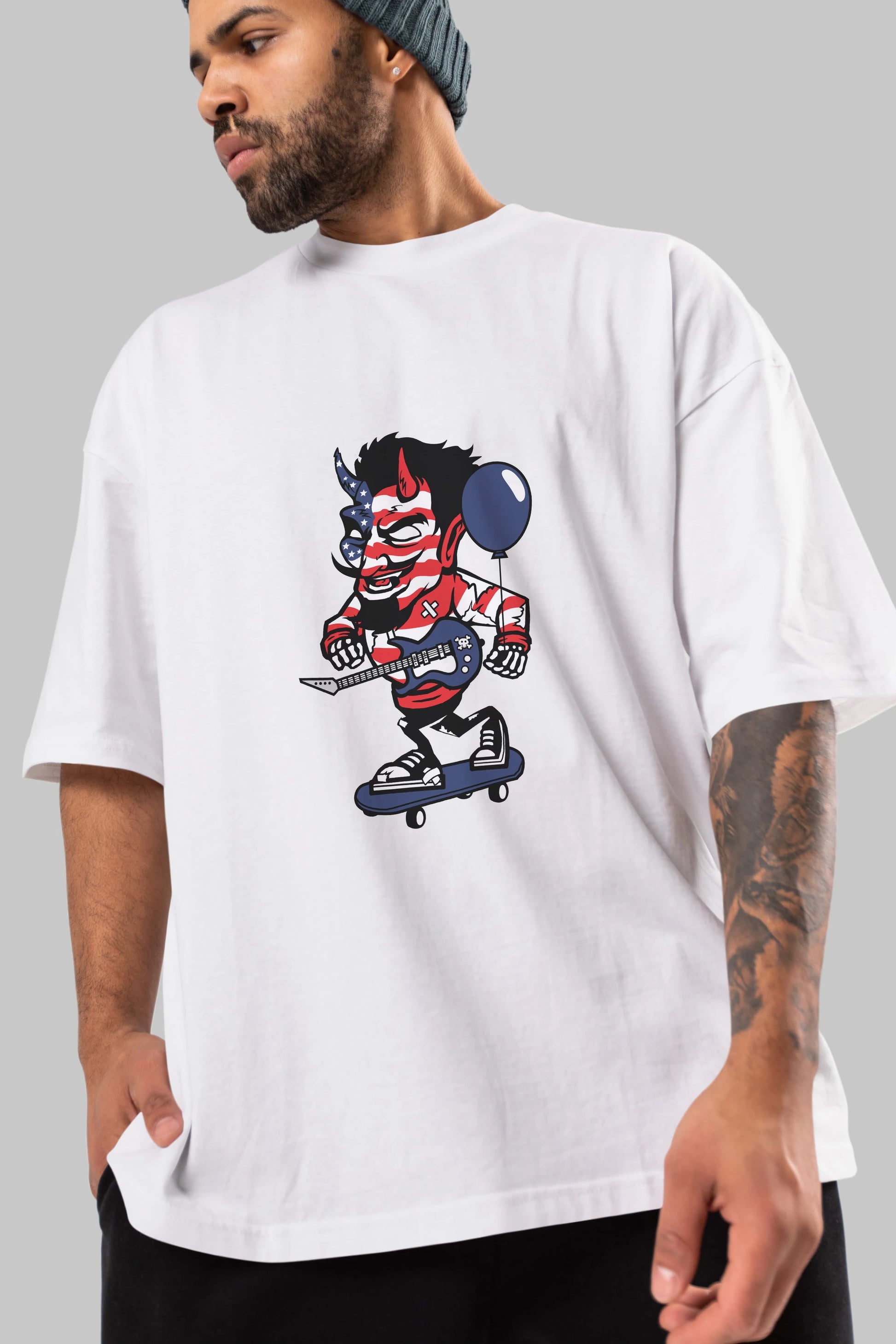 American Devil Skater Ön Baskılı Oversize t-shirt Erkek Kadın Unisex %100 Pamuk tişort