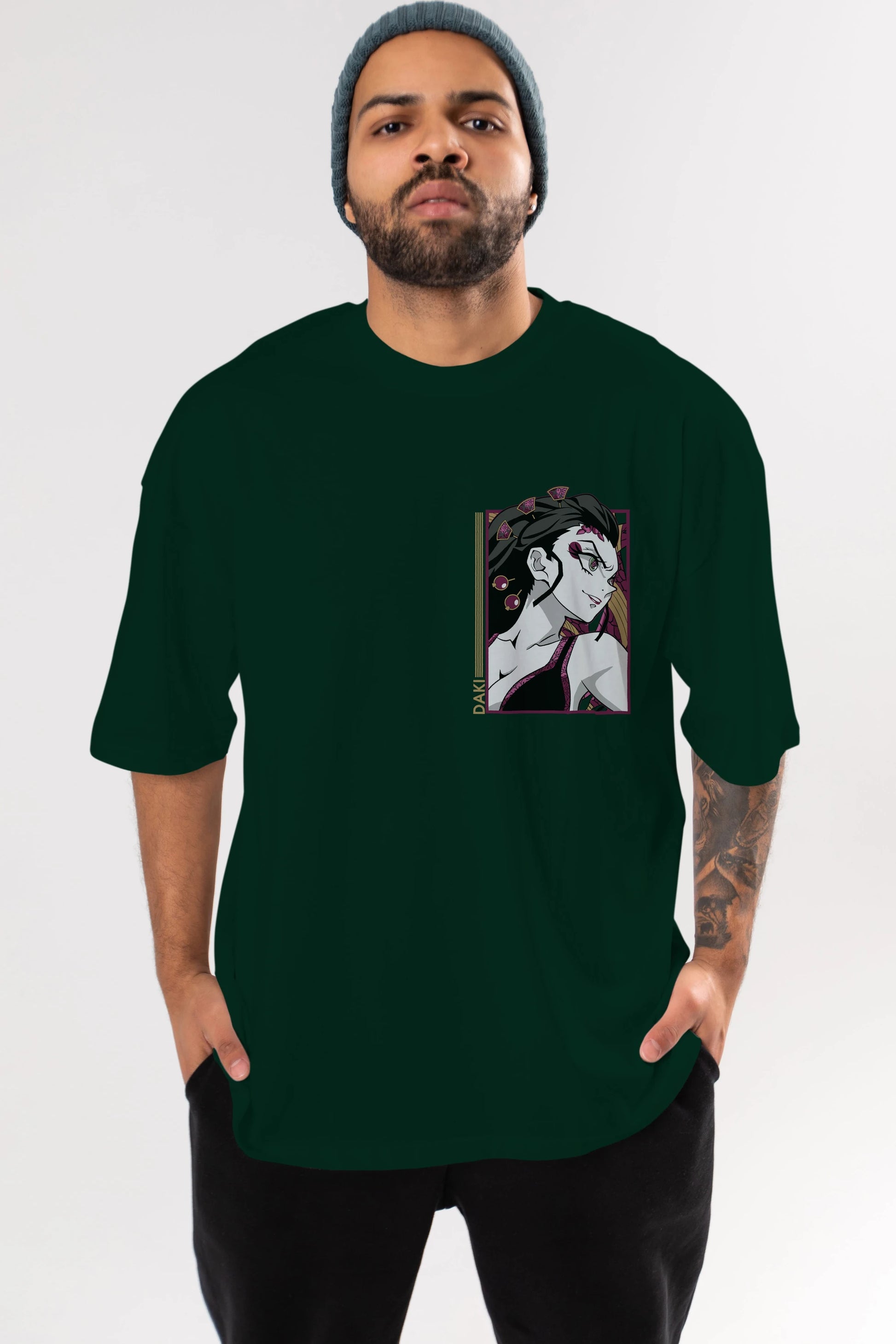 Daki DEMION SLAYER Ön Sol Baskılı Oversize t-shirt Erkek Kadın Unisex %100 Pamuk Bisiklet Yaka tişort