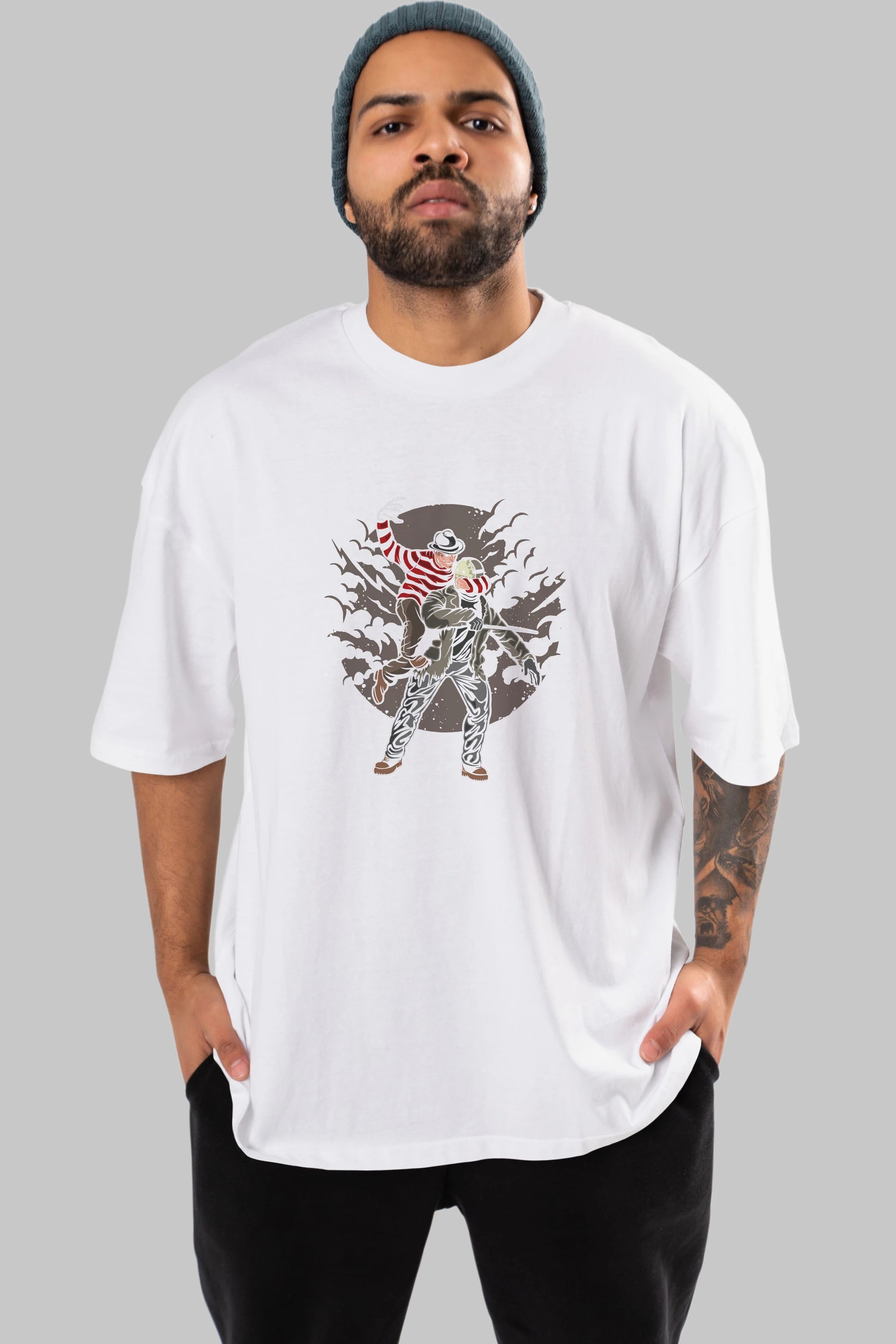 FREDDY VS JASON Ön Baskılı Oversize t-shirt Erkek Kadın Unisex %100 Pamuk tişort