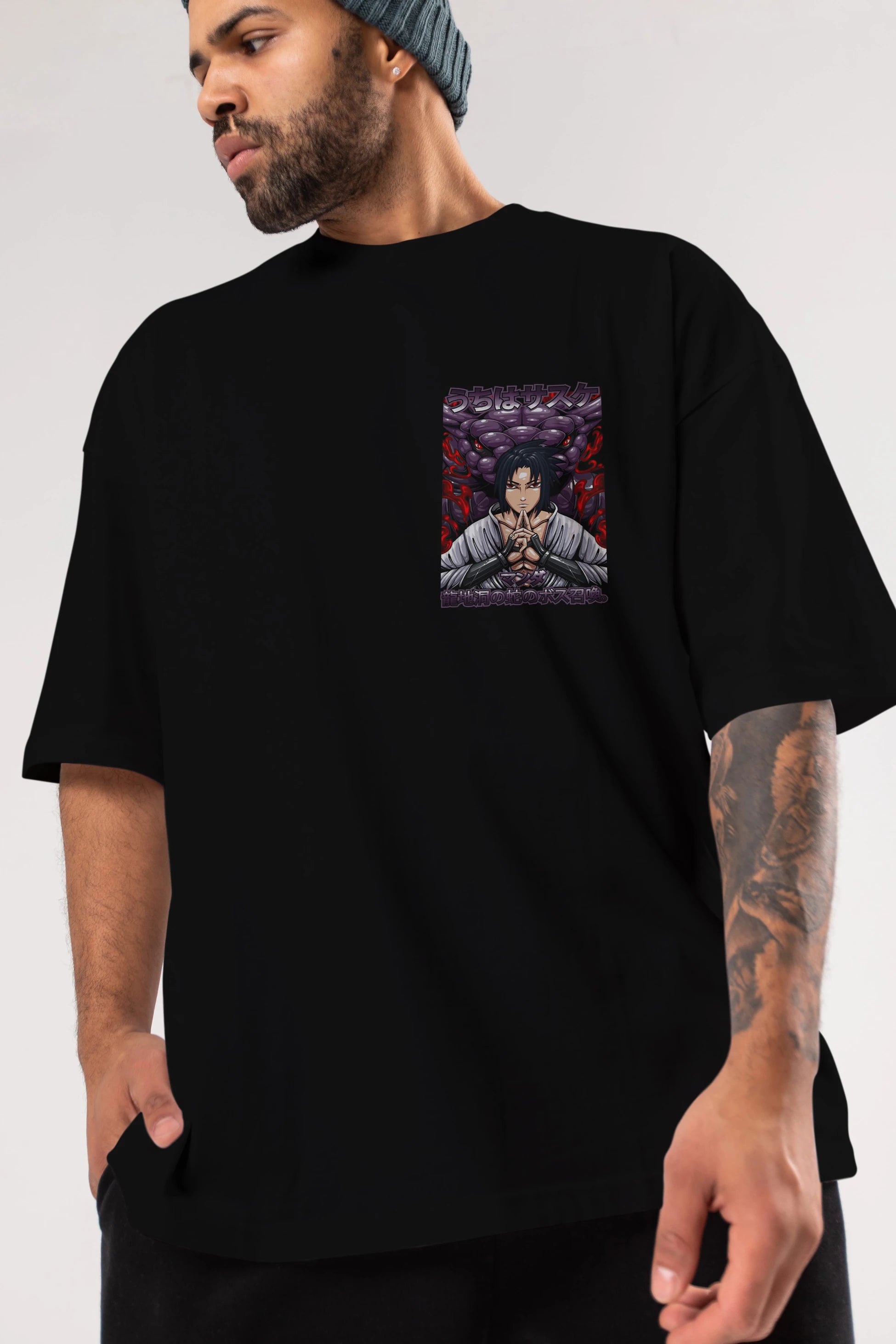 NARUTO SASUKE UCHIHA Ön Sol Baskılı Oversize t-shirt Erkek Kadın Unisex %100 Pamuk Bisiklet Yaka tişort