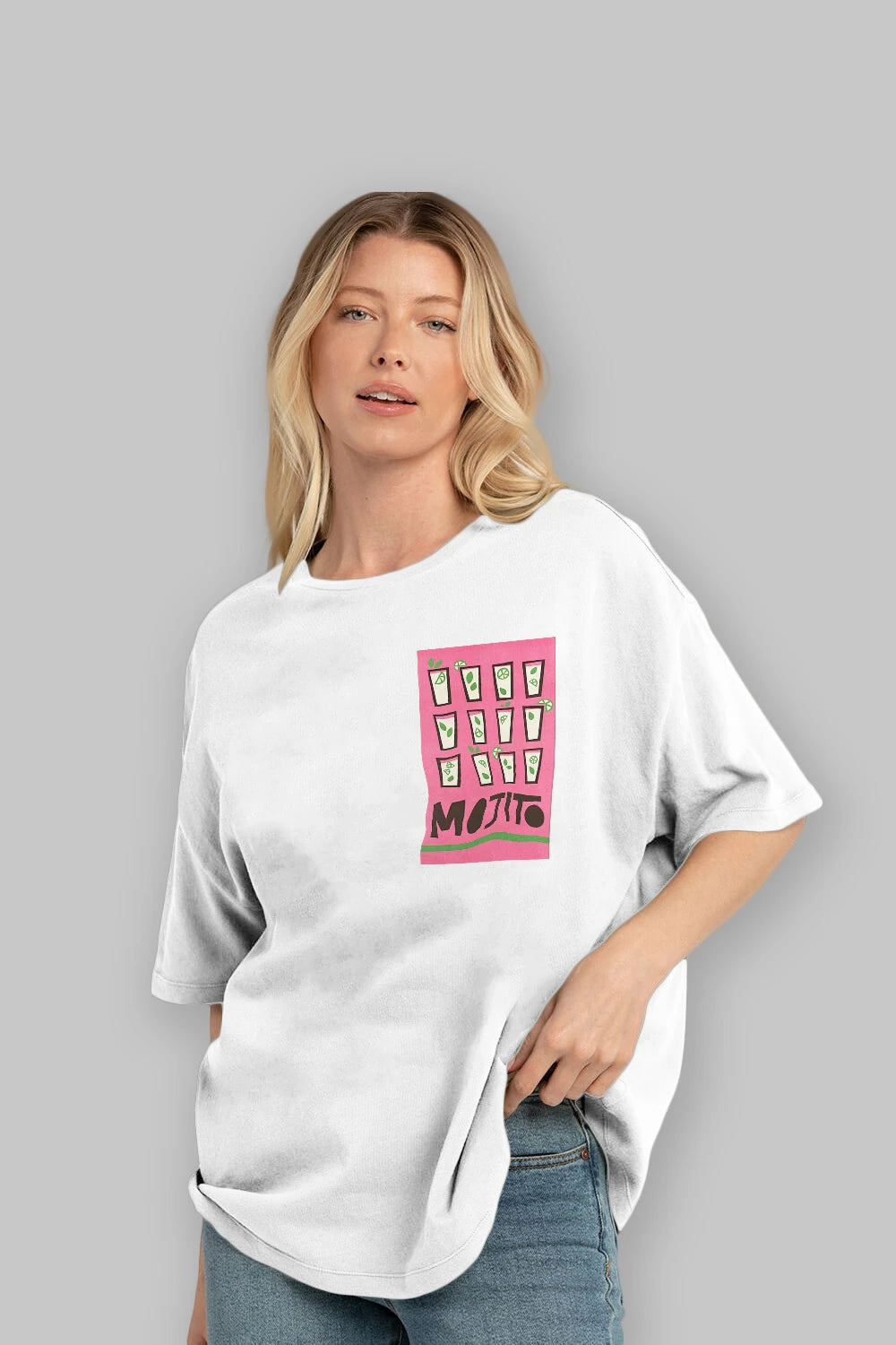 Mojito Ön Sol Baskılı Oversize t-shirt Erkek Kadın Unisex %100 Pamuk Bisiklet Yaka tişort