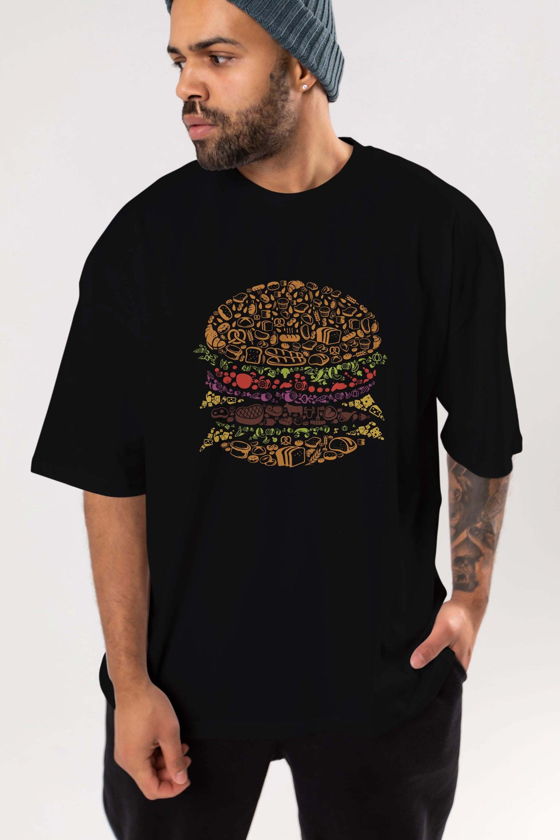 Burger Ön Baskılı Oversize t-shirt %100 pamuk Erkek Kadın Unisex