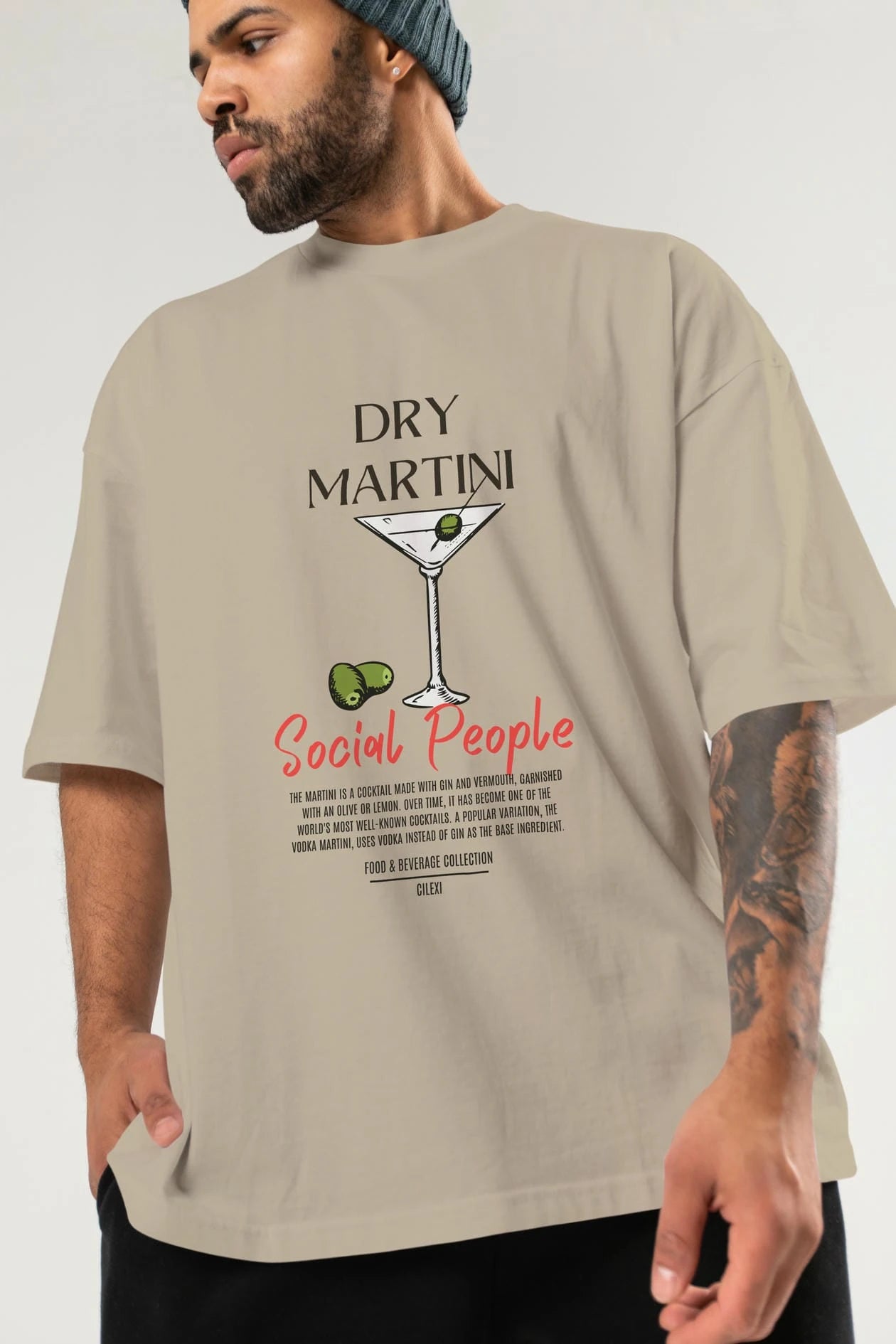 Dry Martını Kokteyl Serisi ön Baskılı Oversize t-shirt Erkek Kadın %100 Pamuk Bisiklet Yaka tişort