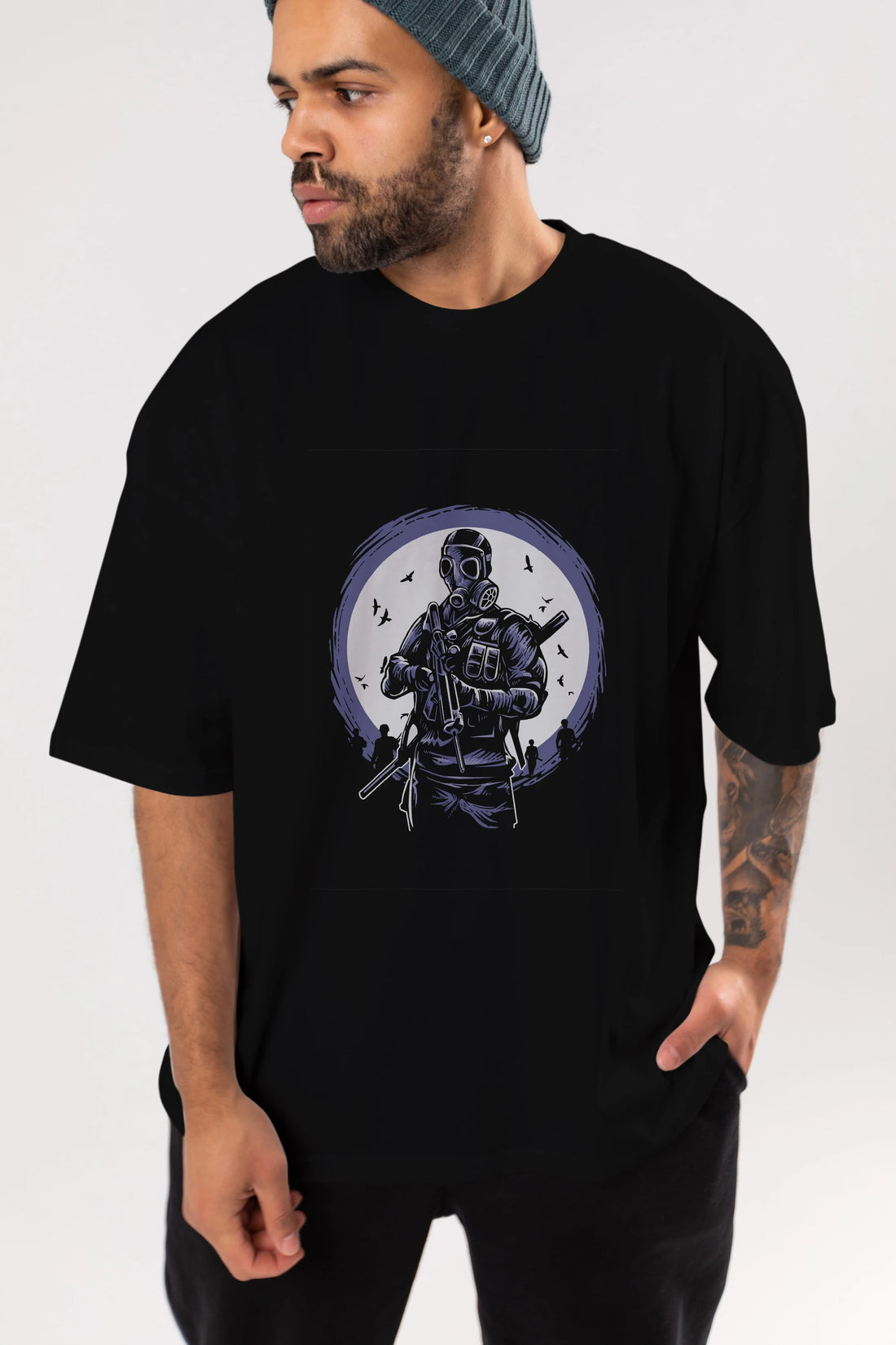 Gas Mask Soldier Ön Baskılı Oversize t-shirt Erkek Kadın Unisex %100 Pamuk tişort