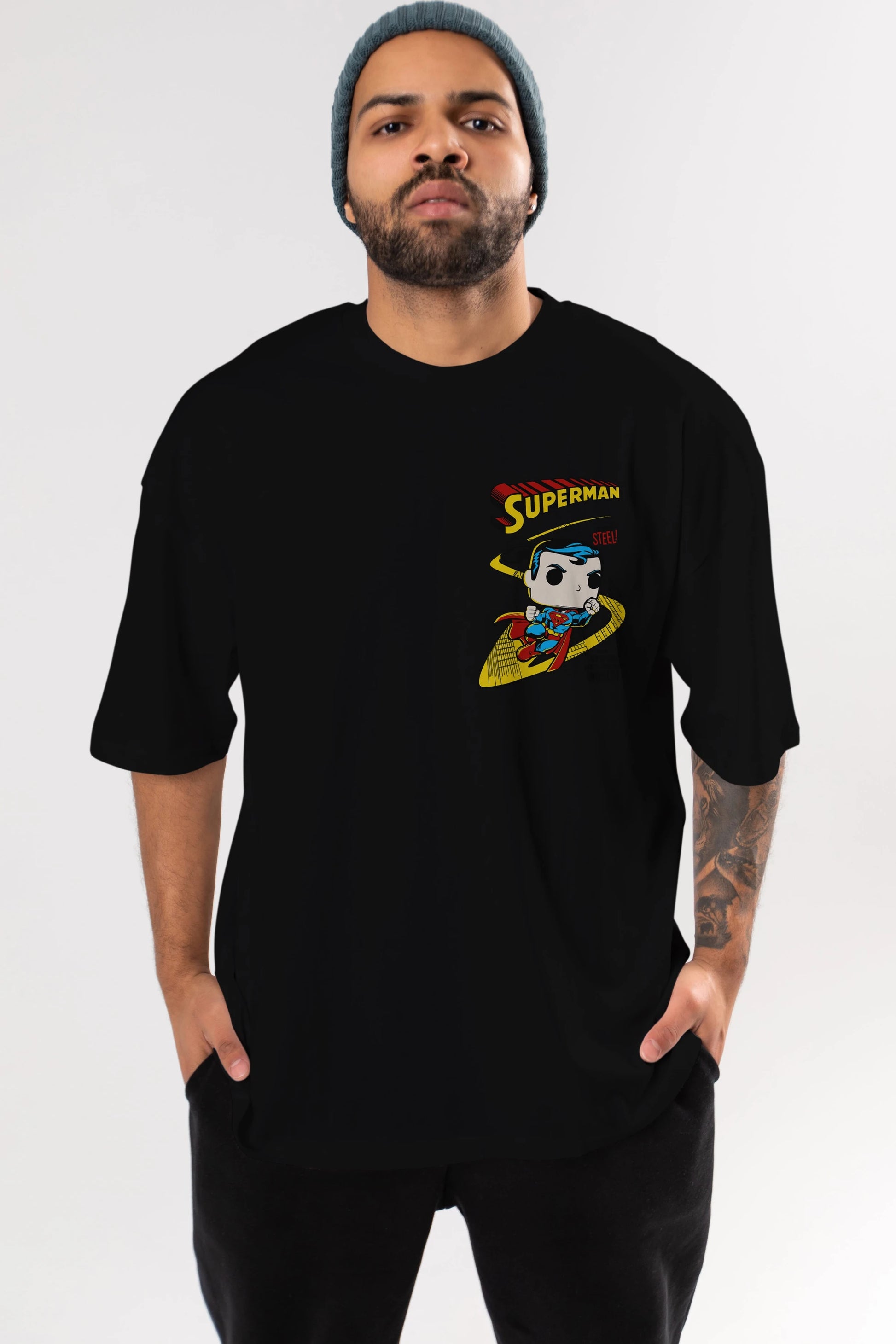 Superman (2) Ön Sol Baskılı Oversize t-shirt Erkek Kadın Unisex %100 Pamuk Bisiklet Yaka tişort