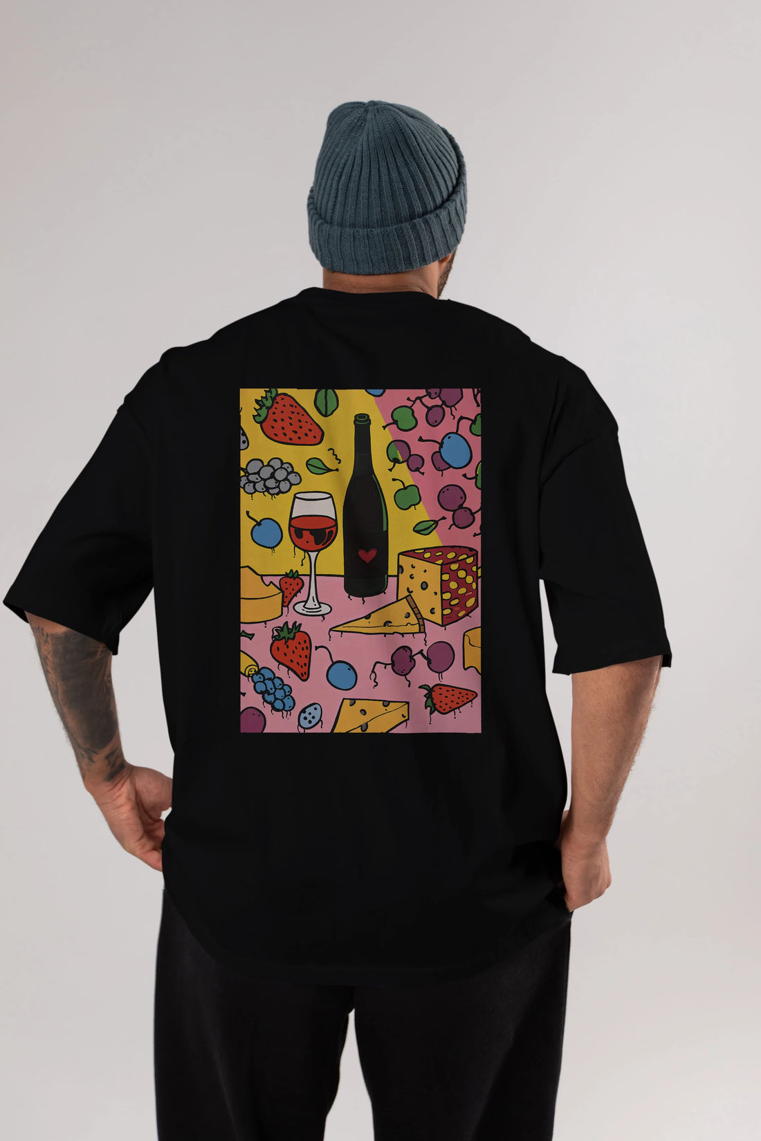 Wine Cheese Fruits Arka Baskılı Oversize t-shirt Erkek Kadın Unisex %100 Pamuk Bisiklet Yaka tişort