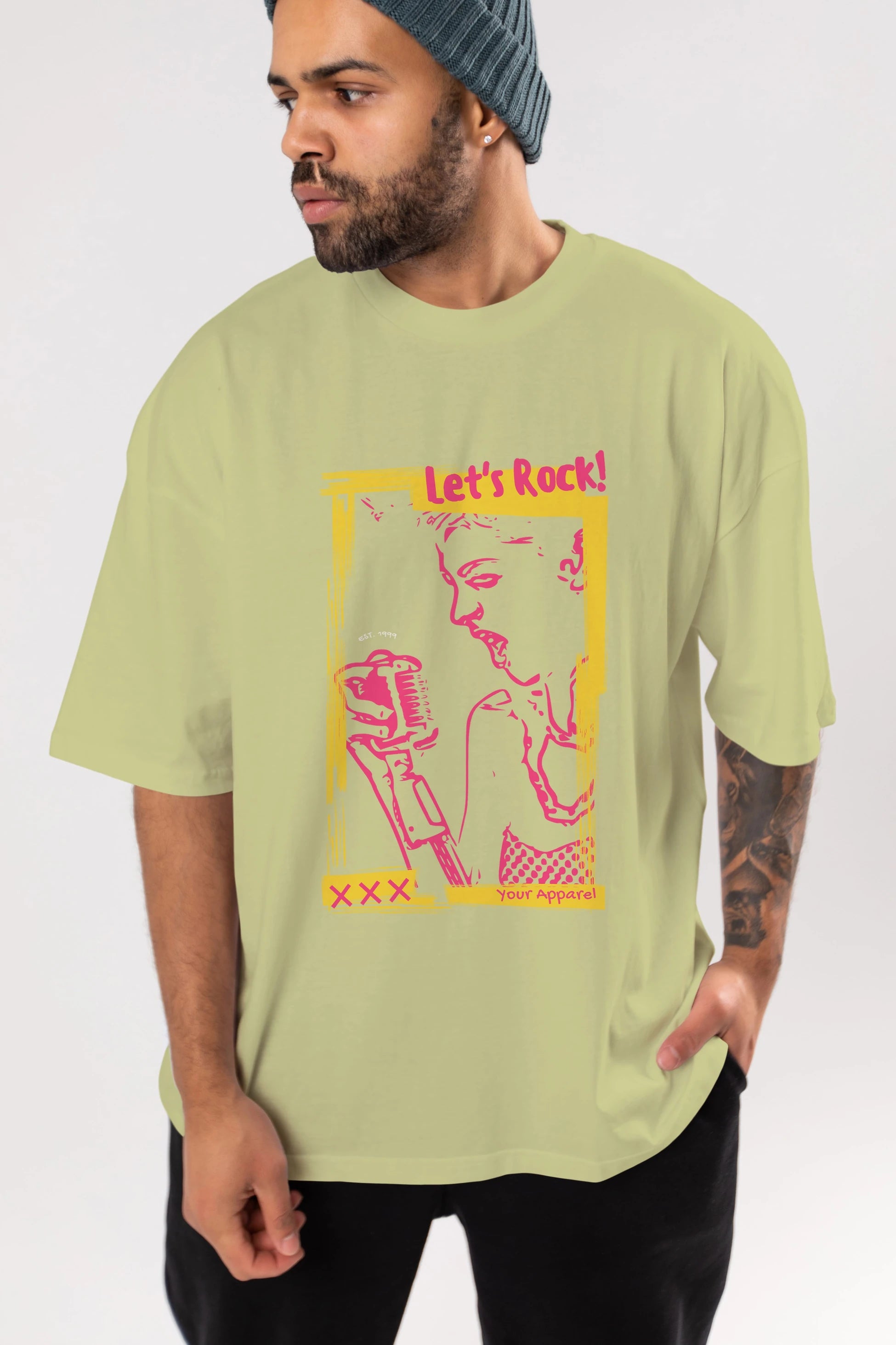 Let's Rock Yazılı Ön Baskılı Oversize t-shirt Erkek Kadın Unisex