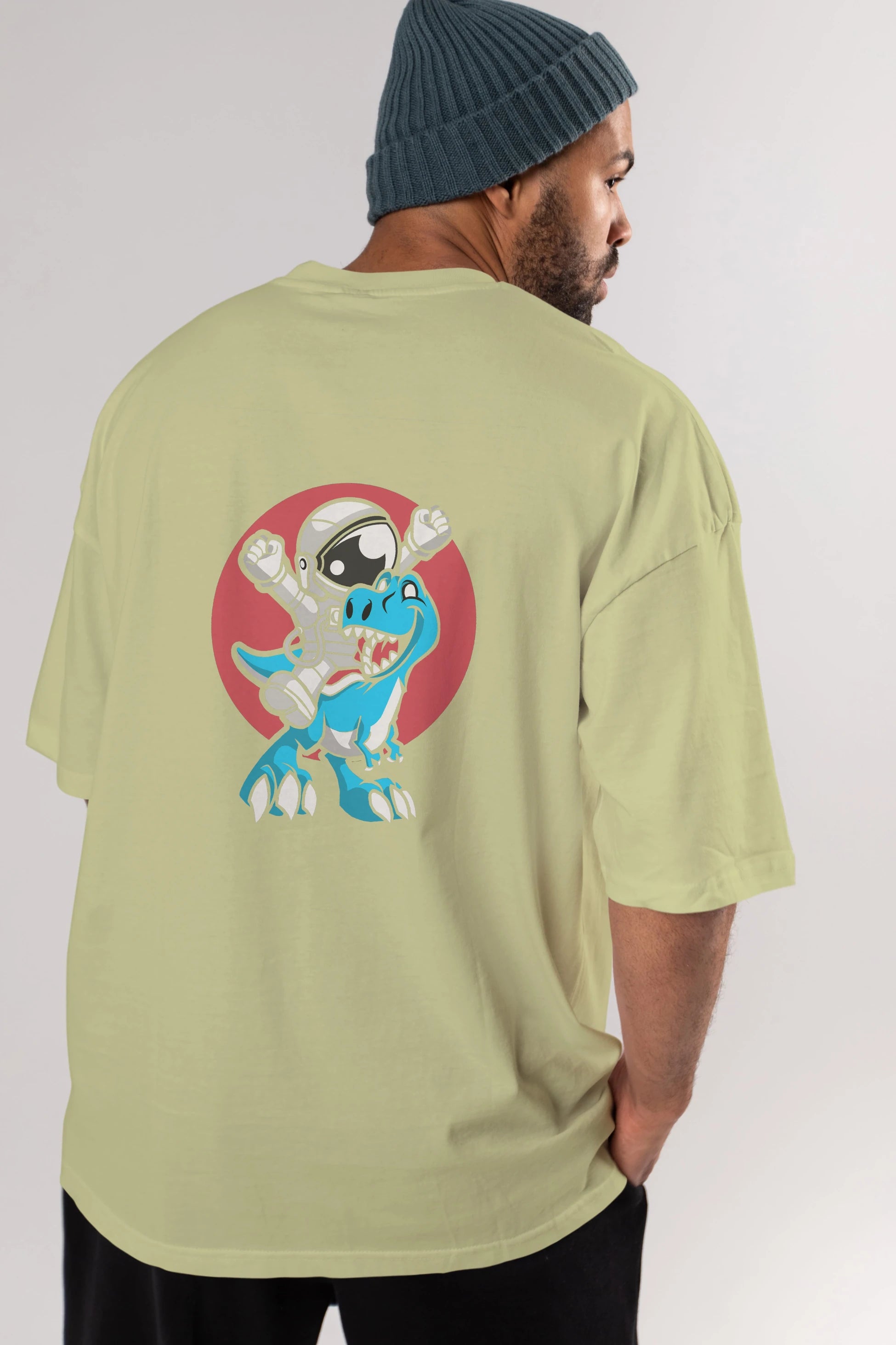 Astronaut Dino Arka Baskılı Oversize t-shirt Erkek Kadın Unisex %100 Pamuk tişort