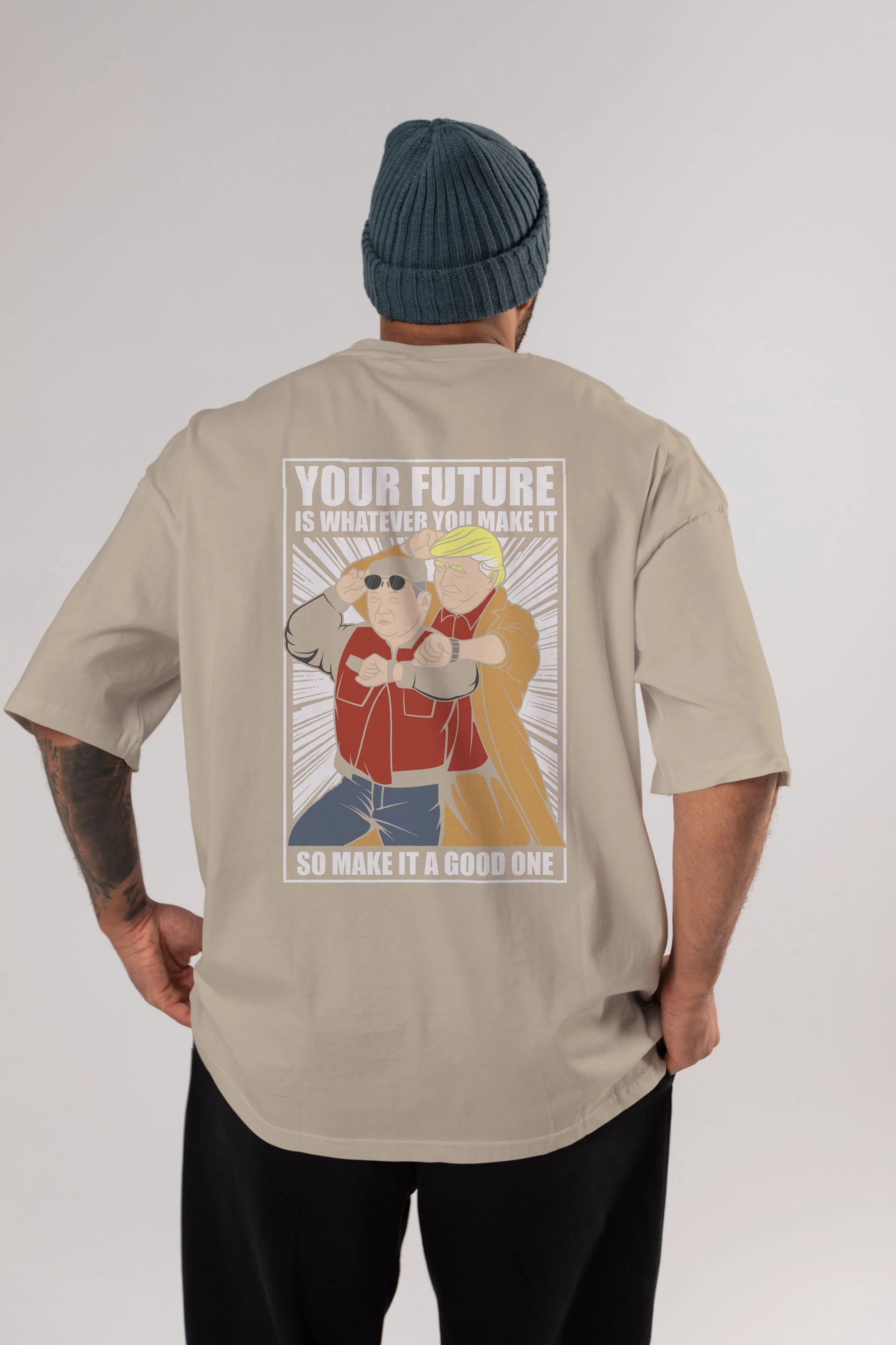 Back To The Future Jong Un Trump Arka Baskılı Oversize t-shirt Erkek Kadın Unisex %100 Pamuk tişort