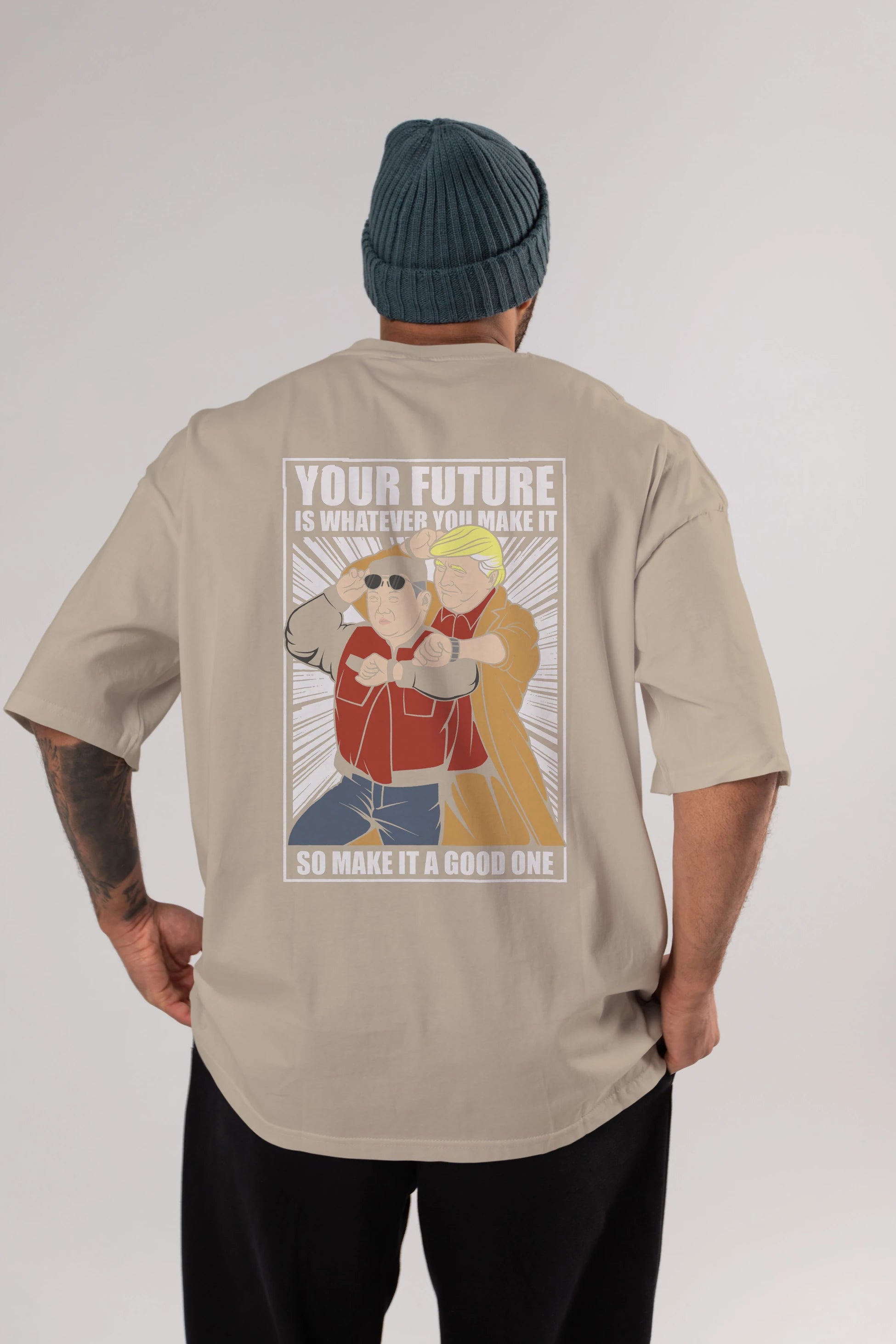 Back To The Future Jong Un Trump Arka Baskılı Oversize t-shirt Erkek Kadın Unisex %100 Pamuk tişort