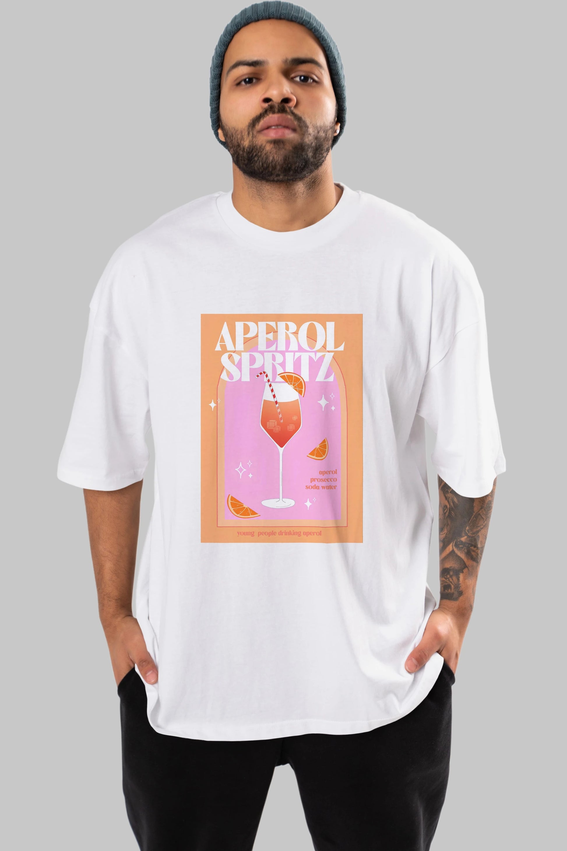 Aperol Spritz 2 Ön Baskılı Oversize t-shirt Erkek Kadın Unisex %100 Pamuk Bisiklet Yaka tişort