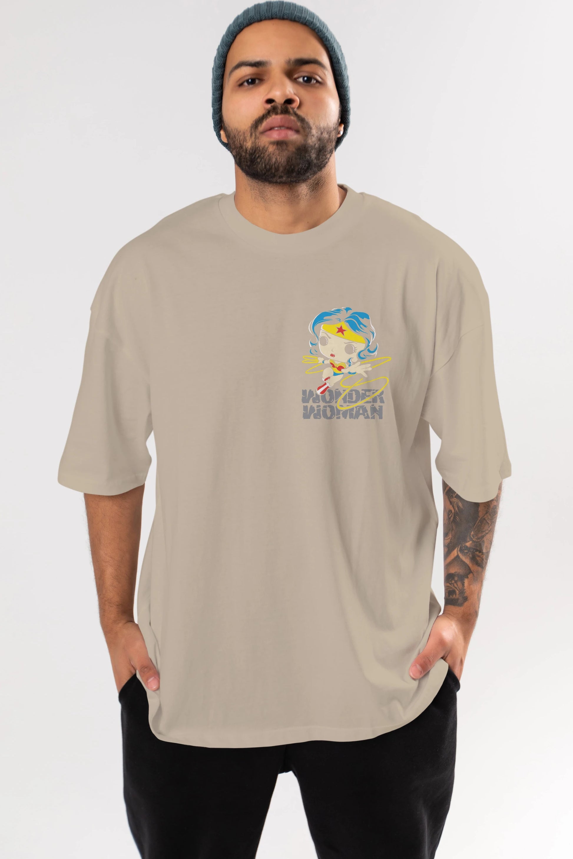 Wonder Woman Ön Sol Baskılı Oversize t-shirt Erkek Kadın Unisex %100 Pamuk Bisiklet Yaka tişort