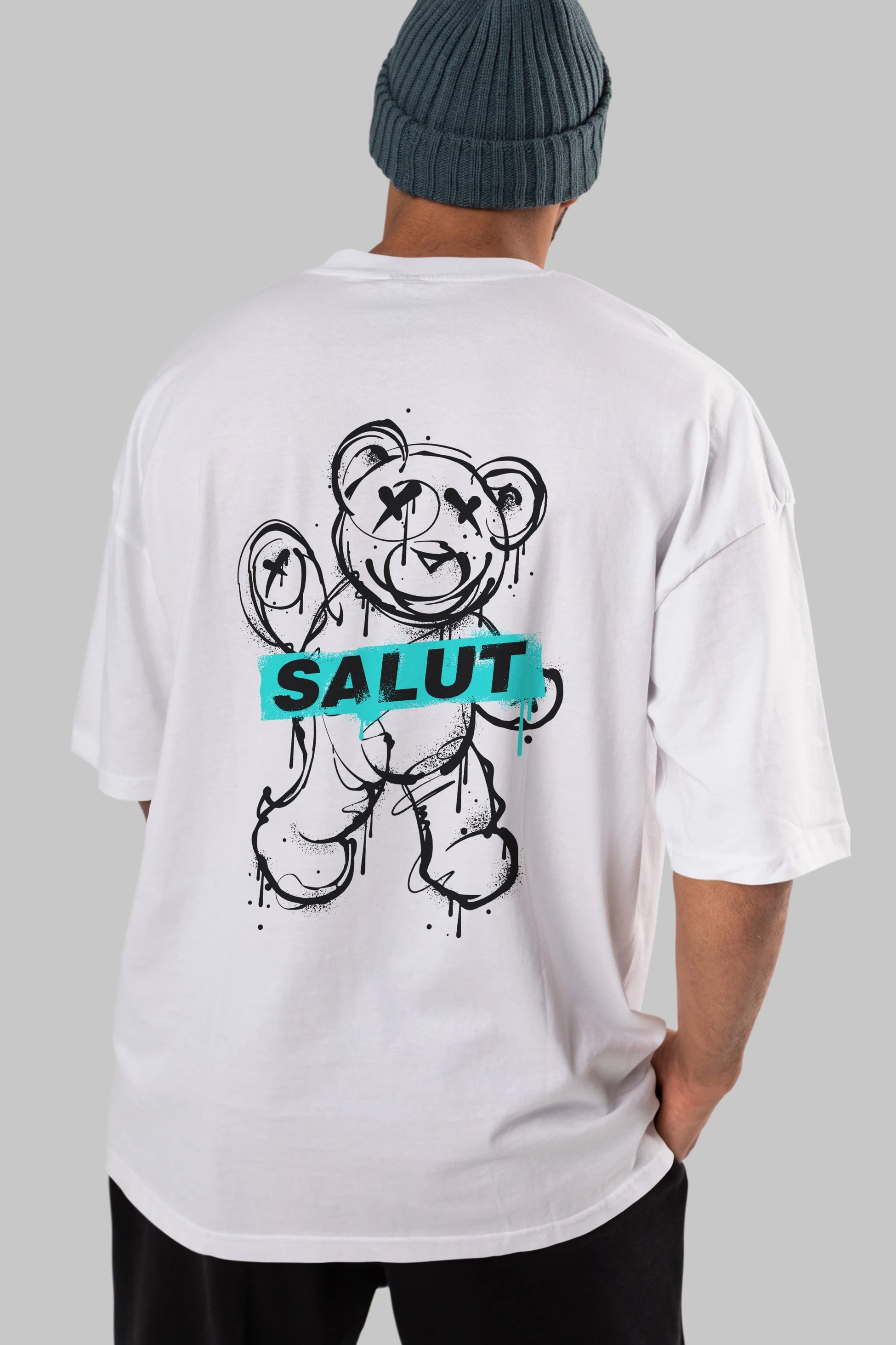 Teddy Bear Salut Arka Baskılı Oversize t-shirt Erkek Kadın Unisex