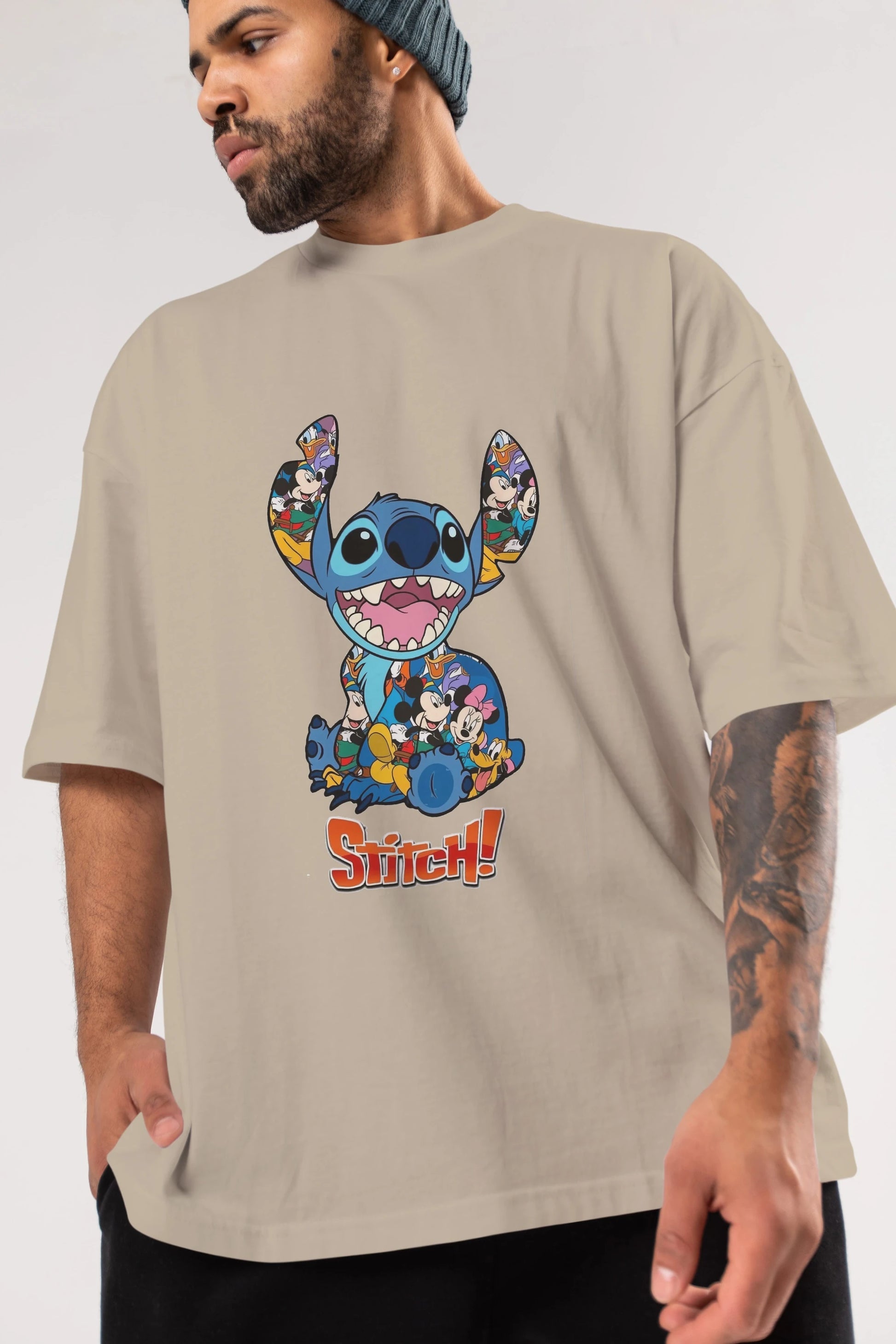 Stitch Ön Baskılı Oversize t-shirt Erkek Kadın Unisex %100 Pamuk Bisiklet Yaka tişort