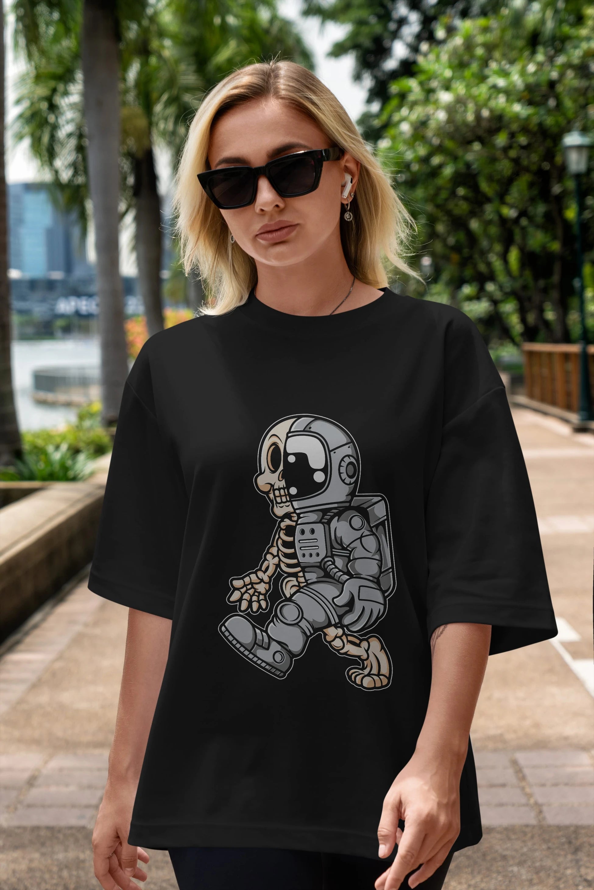 Astronaut Half Skull Ön Baskılı Oversize t-shirt Erkek Kadın Unisex