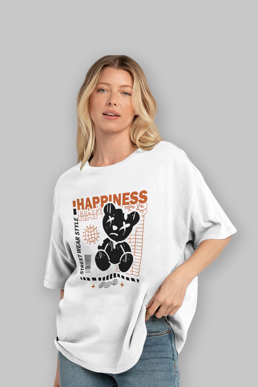 Happiness Bear 2 Ön Baskılı Oversize t-shirt Erkek Kadın Unisex