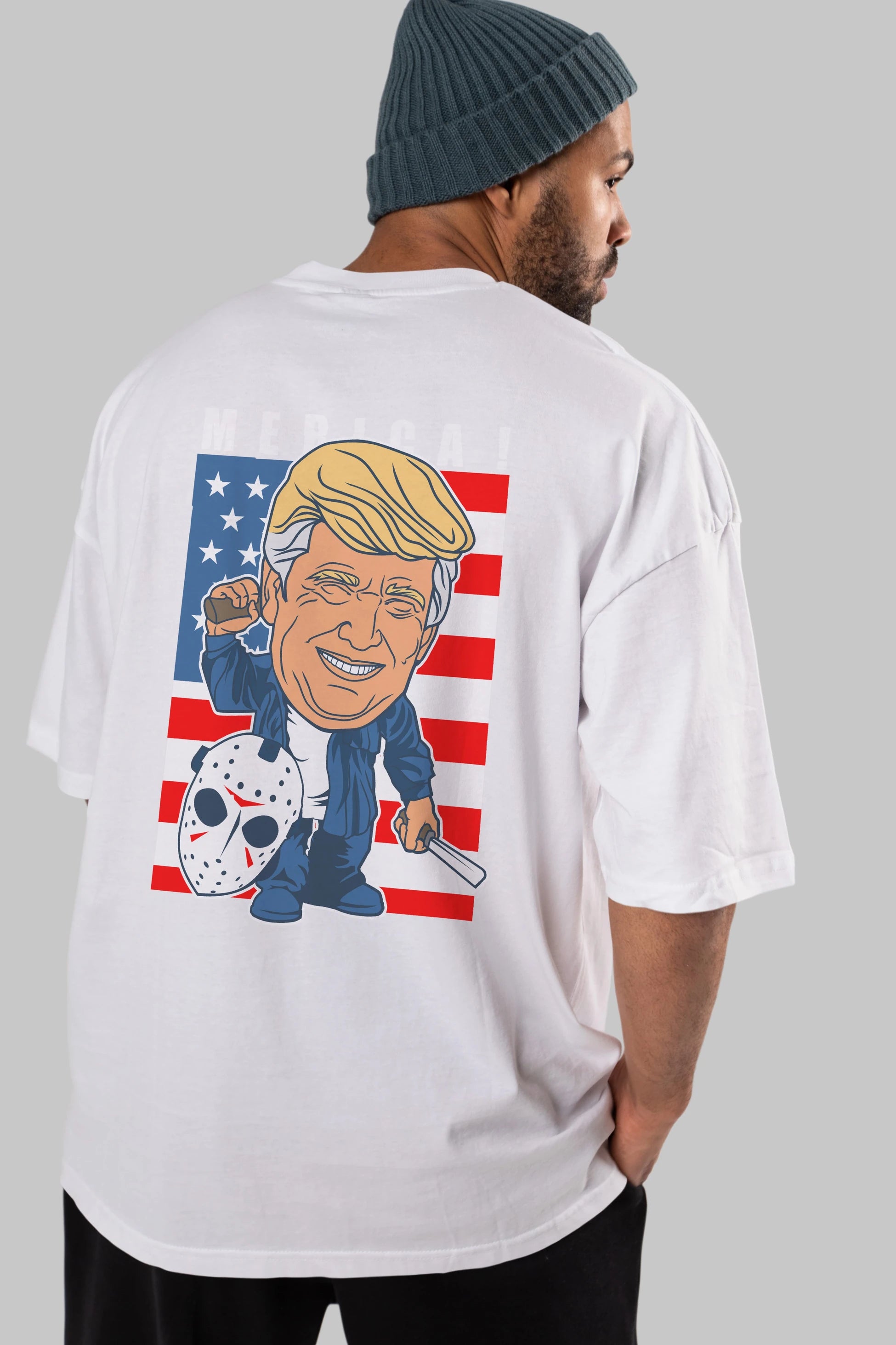 Jason Voorhess Trump Arka Baskılı Oversize t-shirt Erkek Kadın Unisex %100 Pamuk tişort