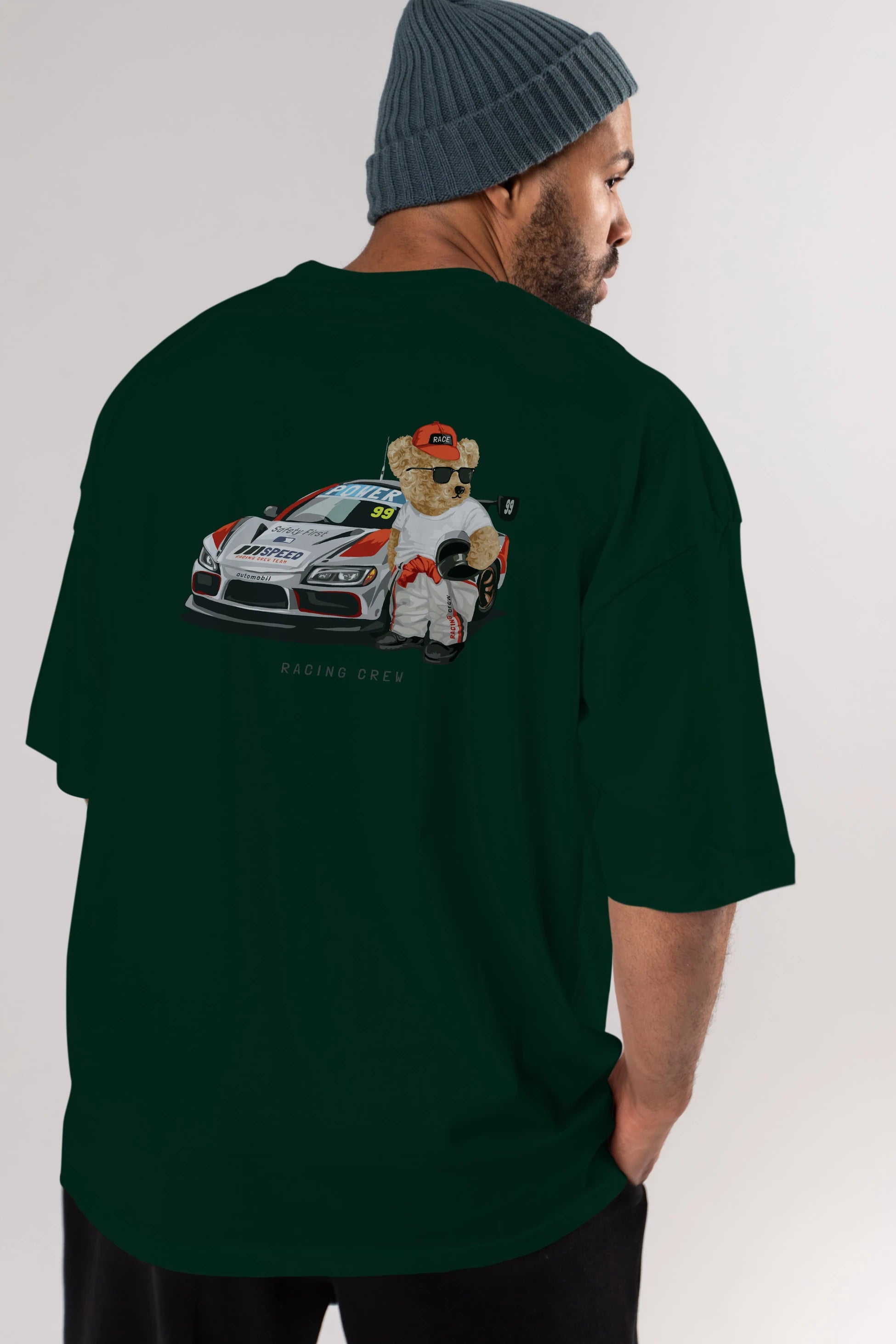 Teddy Bear Racing Crew Arka Baskılı Oversize t-shirt Erkek Kadın Unisex %100 Pamuk