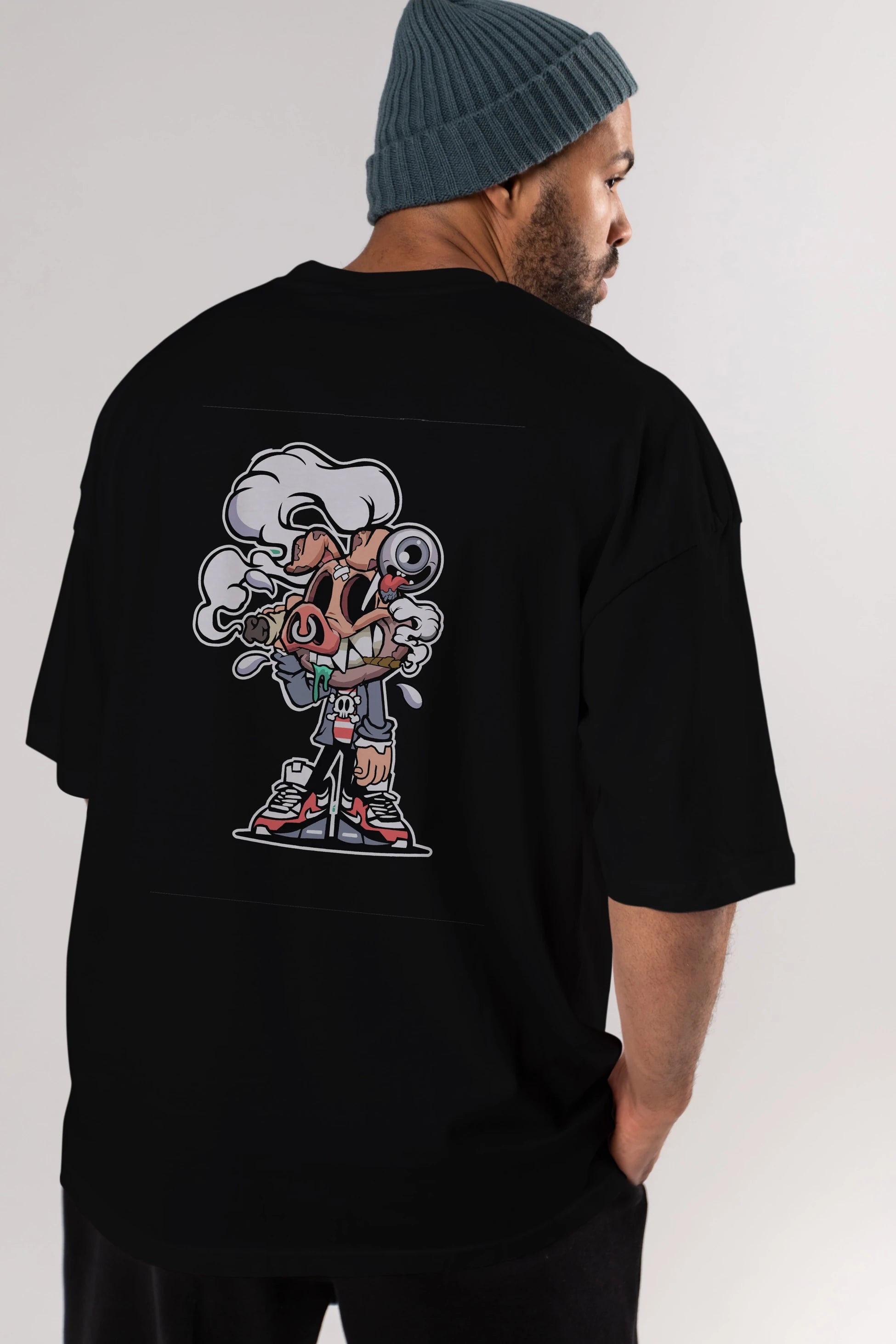 Pig Smoker Arka Baskılı Oversize t-shirt Erkek Kadın Unisex %100 Pamuk tişort