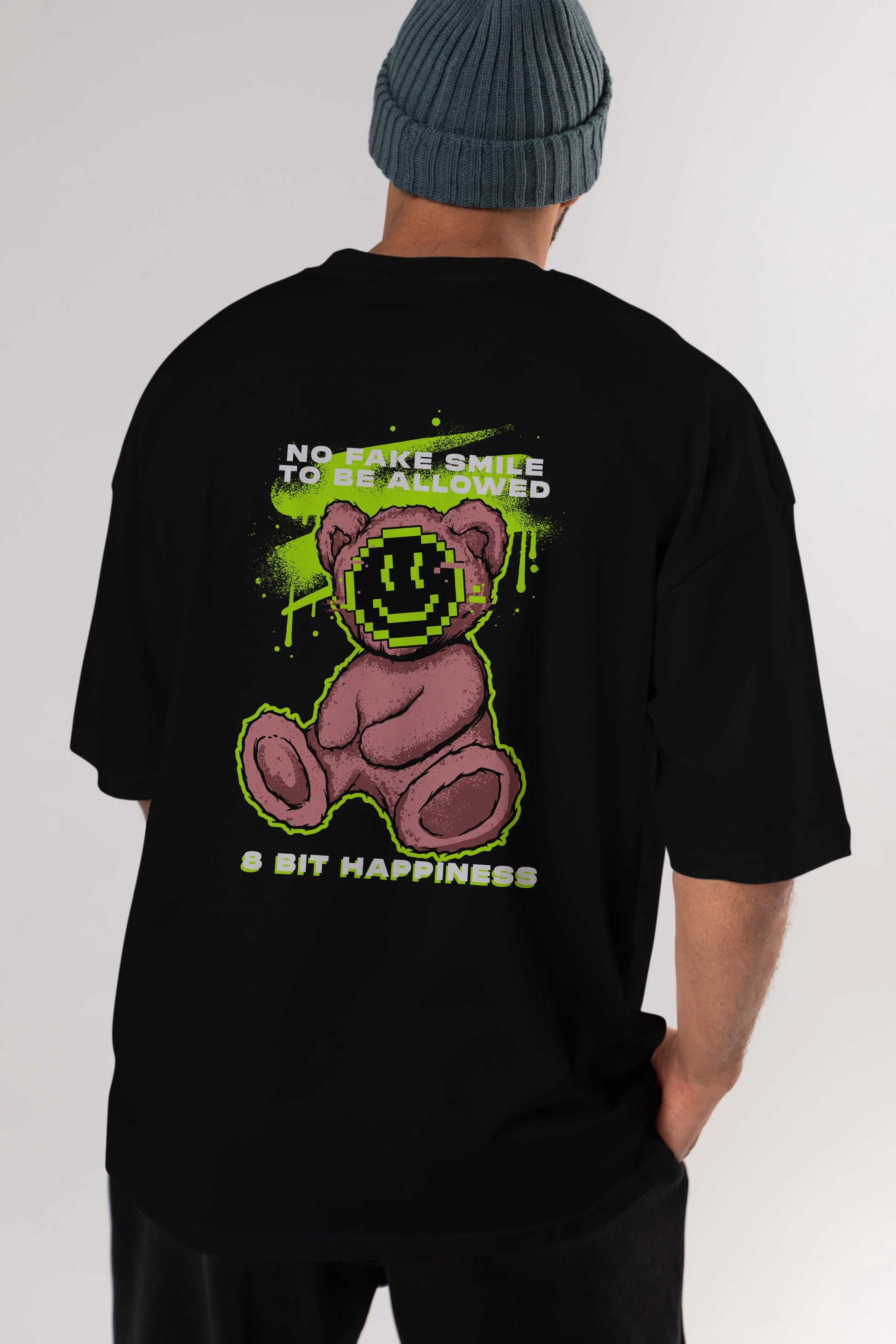 No Fake Smile Bear Arka Baskılı Oversize t-shirt Erkek Kadın Unisex