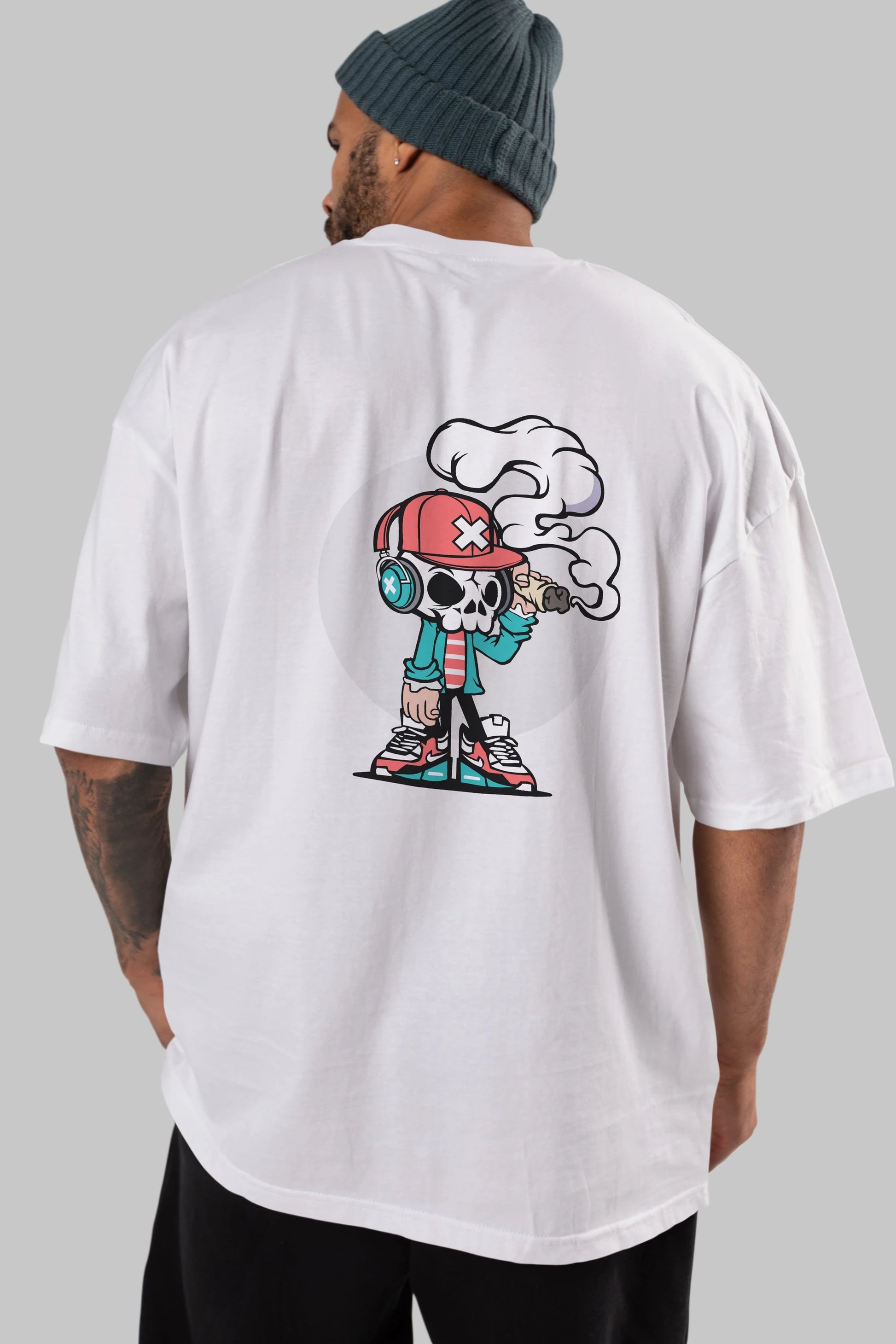 Skull Headphone Arka Baskılı Oversize t-shirt Erkek Kadın Unisex %100 Pamuk tişort