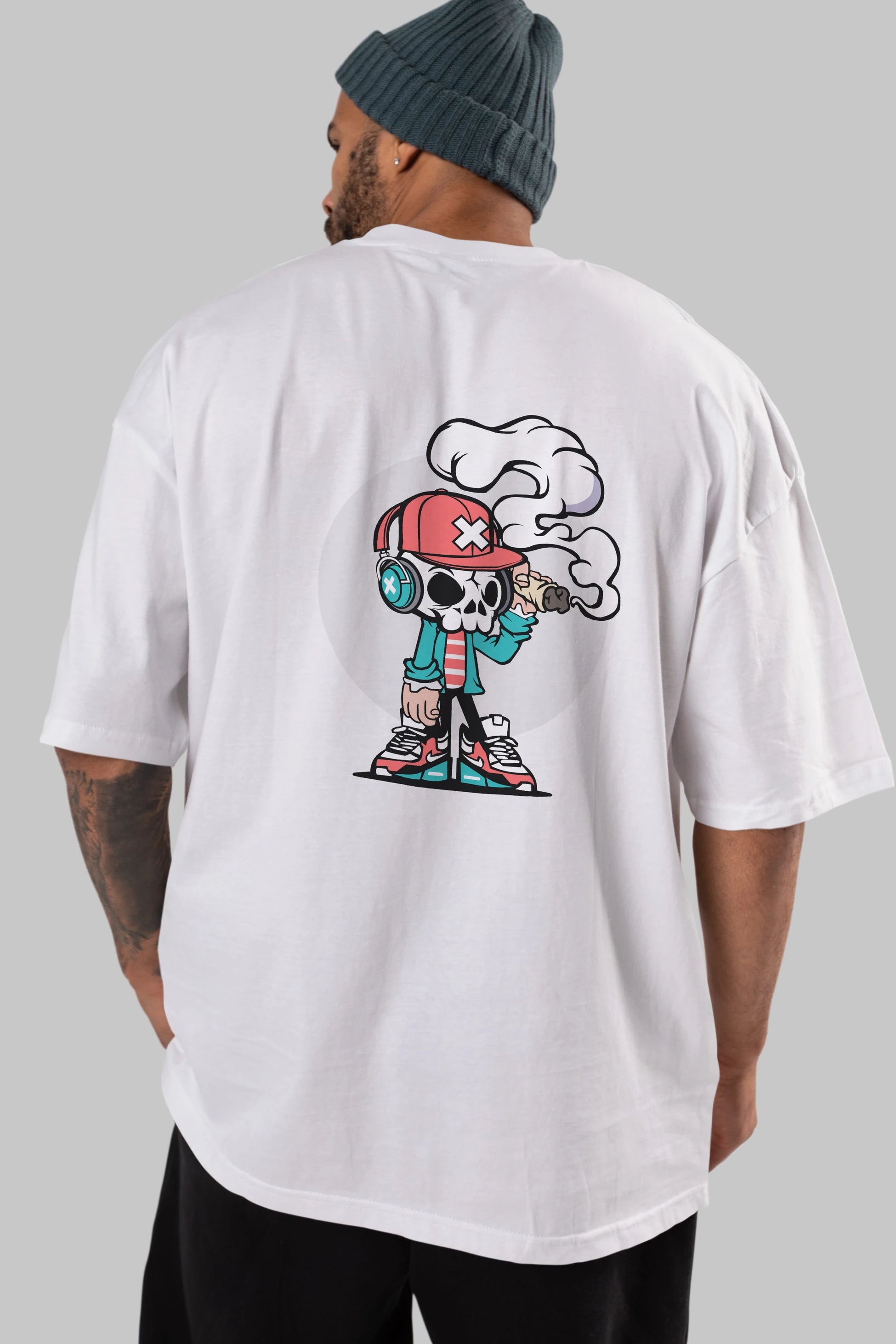 Skull Headphone Arka Baskılı Oversize t-shirt Erkek Kadın Unisex %100 Pamuk tişort
