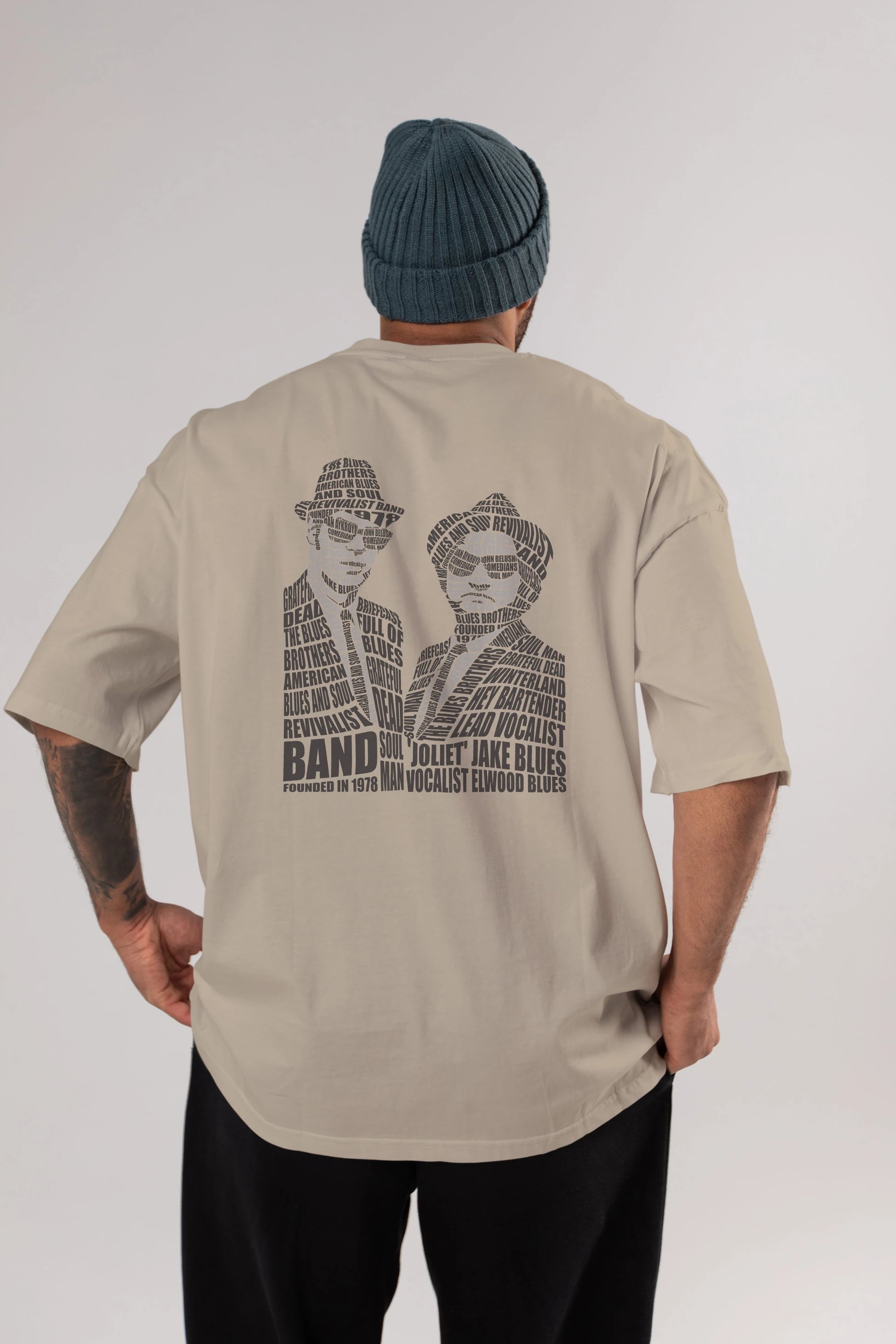 Blues Brothers Calligram Arka Baskılı Oversize t-shirt %100 pamuk Erkek Kadın Unisex