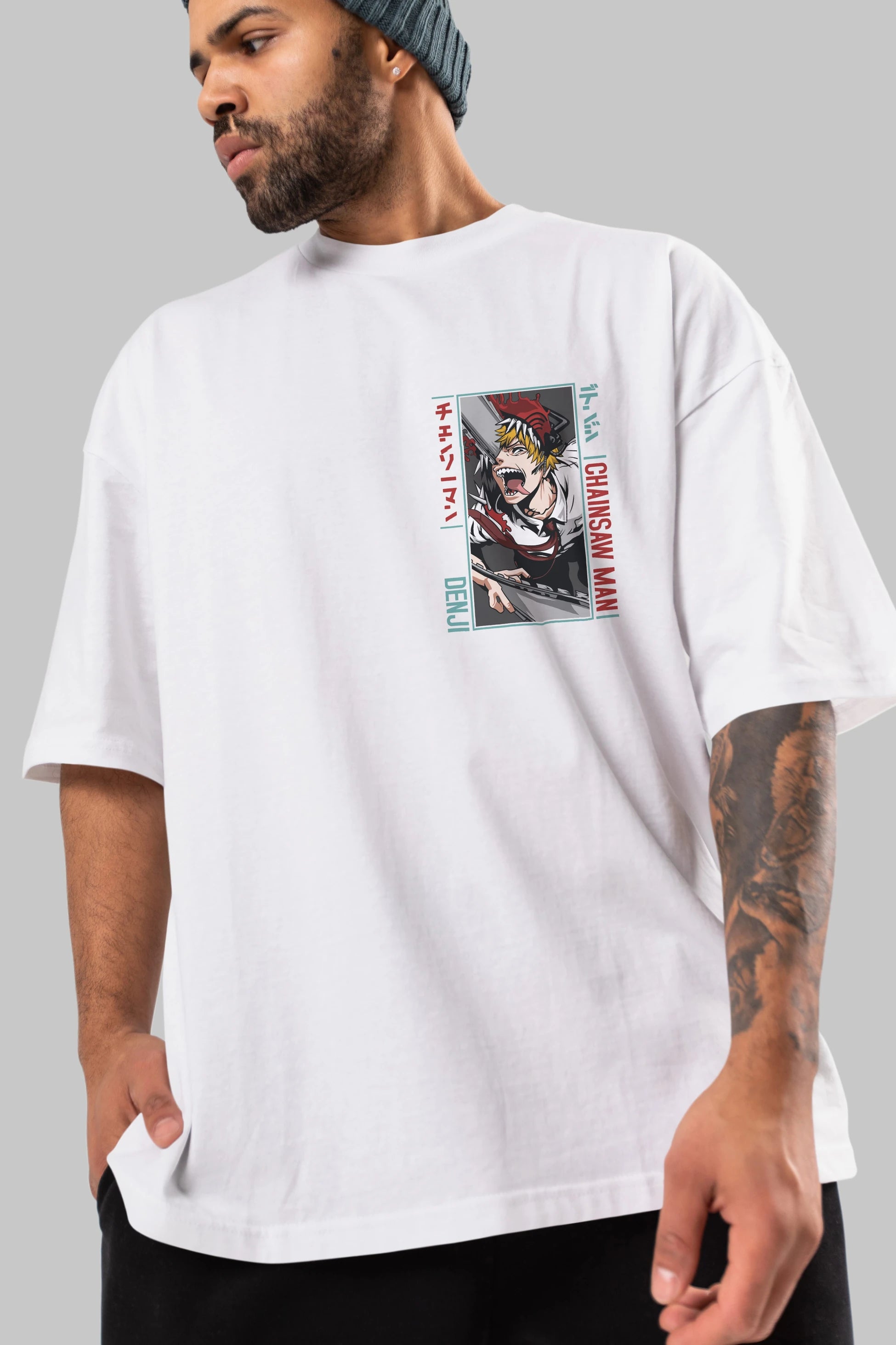 Denji Chainsaw Man Ön Sol Baskılı Oversize t-shirt Erkek Kadın Unisex %100 Pamuk Bisiklet Yaka tişort