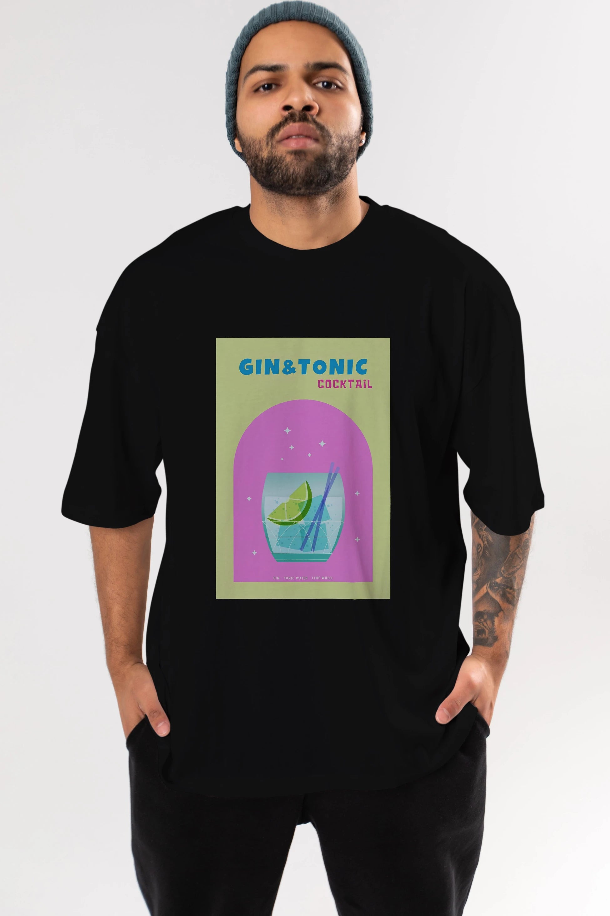 Gin Tonic Cocktail Ön Baskılı Oversize t-shirt Erkek Kadın Unisex %100 Pamuk Bisiklet Yaka tişort