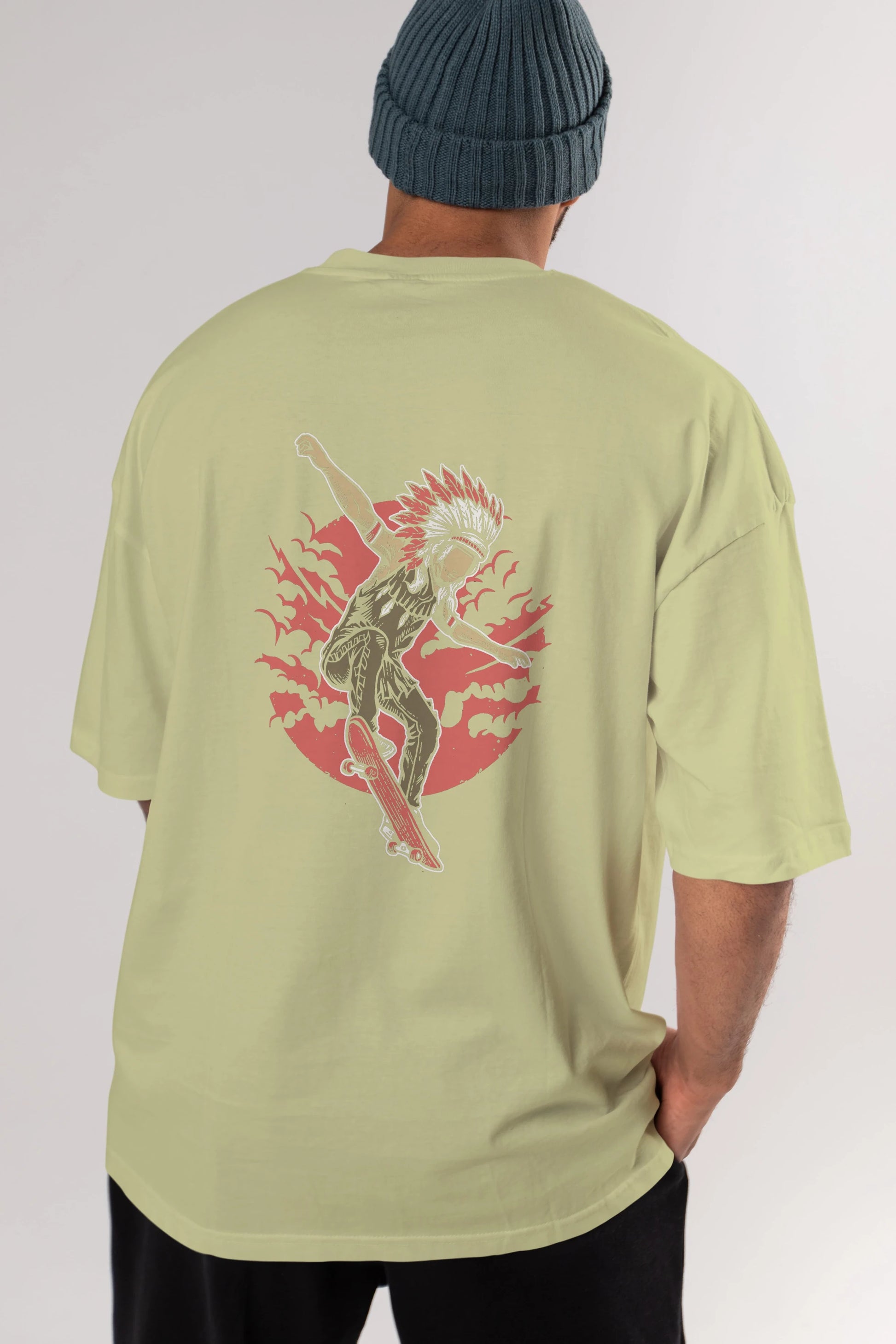 Indian Chief Skateboard Arka Baskılı Oversize t-shirt Erkek Kadın Unisex %100 Pamuk