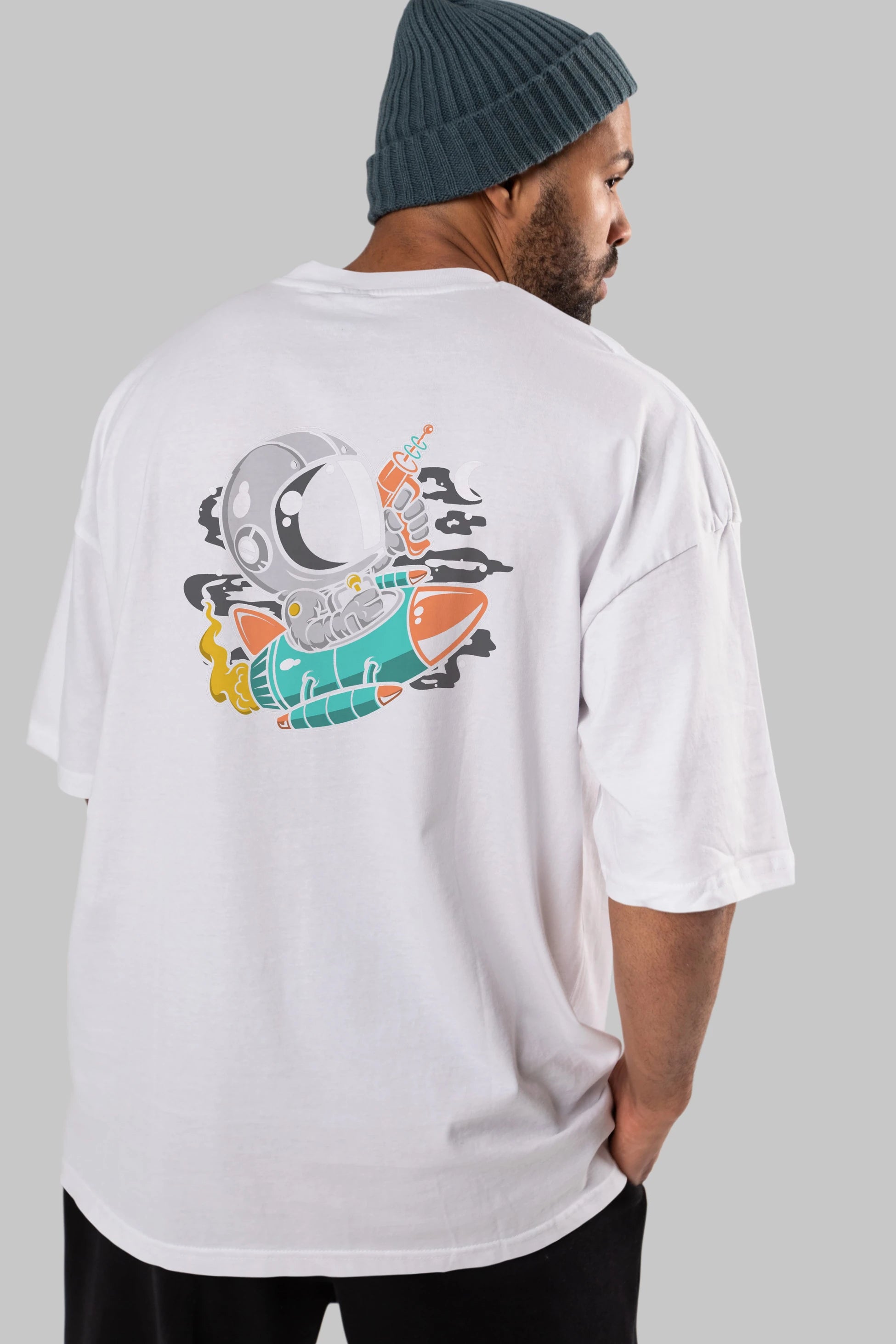 Astronaut Riding Rocket Arka Baskılı Oversize t-shirt Erkek Kadın Unisex