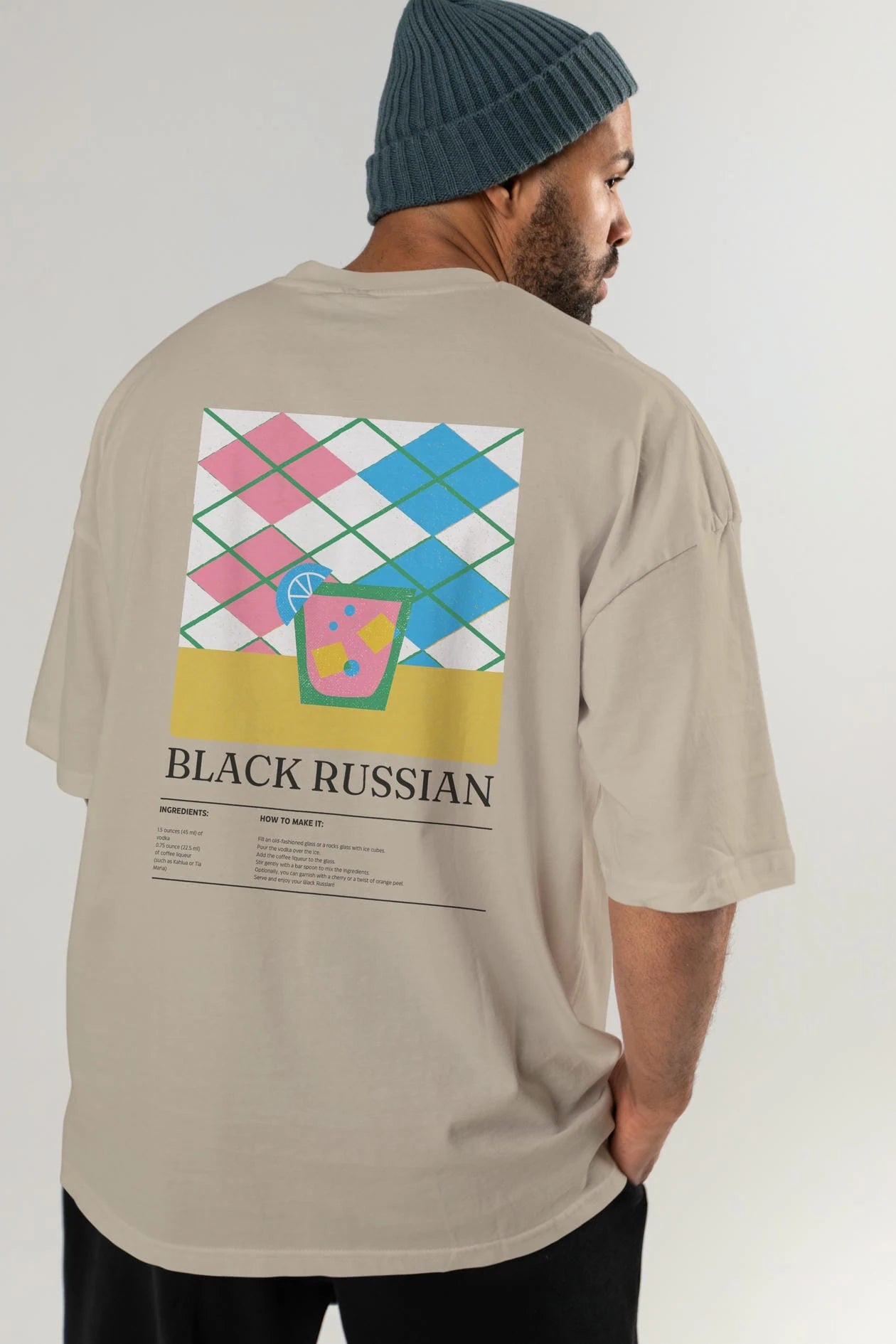 Black Russian Kokteyl Serisi Arka Baskılı Oversize t-shirt Erkek Kadın %100 Pamuk Bisiklet Yaka tişort