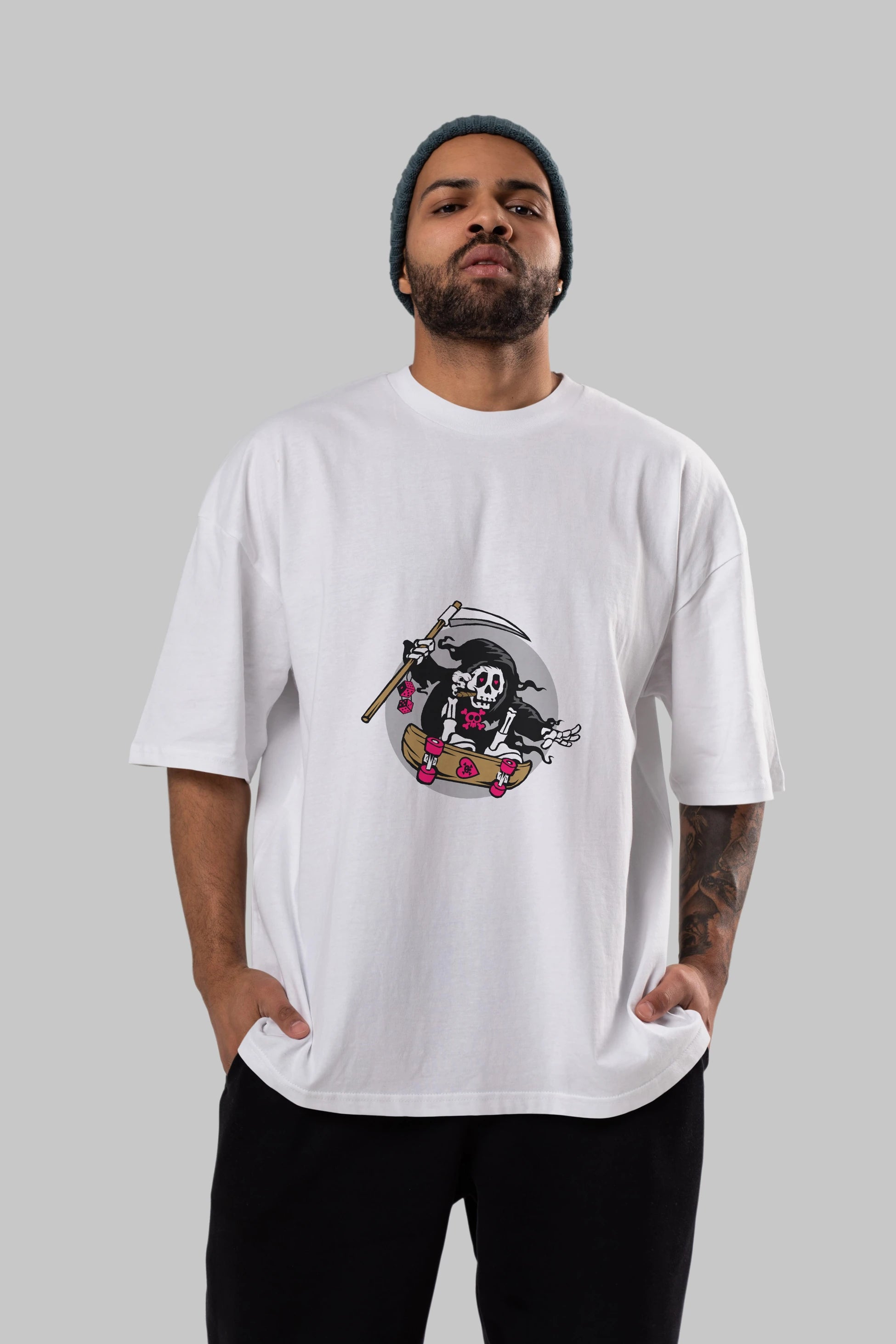Grim Skater Ön Baskılı Oversize t-shirt Erkek Kadın Unisex %100 Pamuk tişort