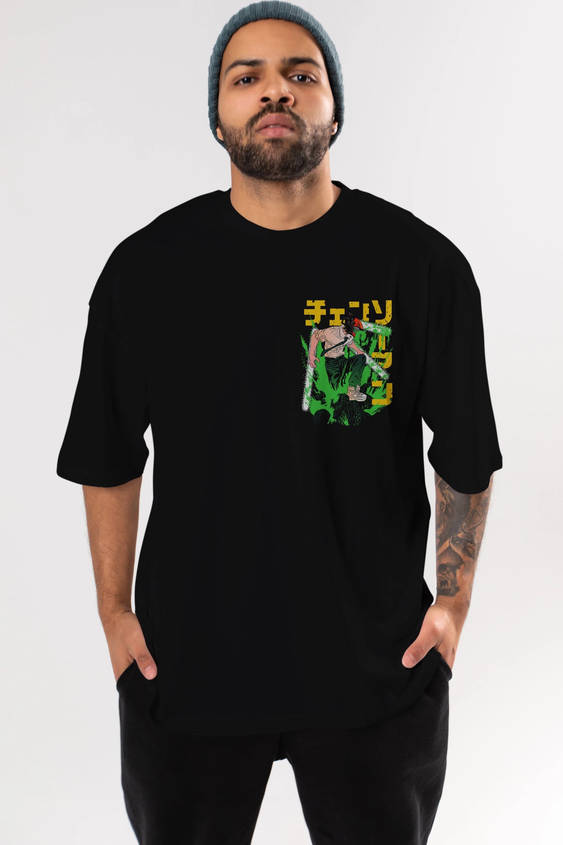 CHAINSAWMAN DENJI Ön Sol Baskılı Oversize t-shirt Erkek Kadın Unisex %100 Pamuk Bisiklet Yaka tişort