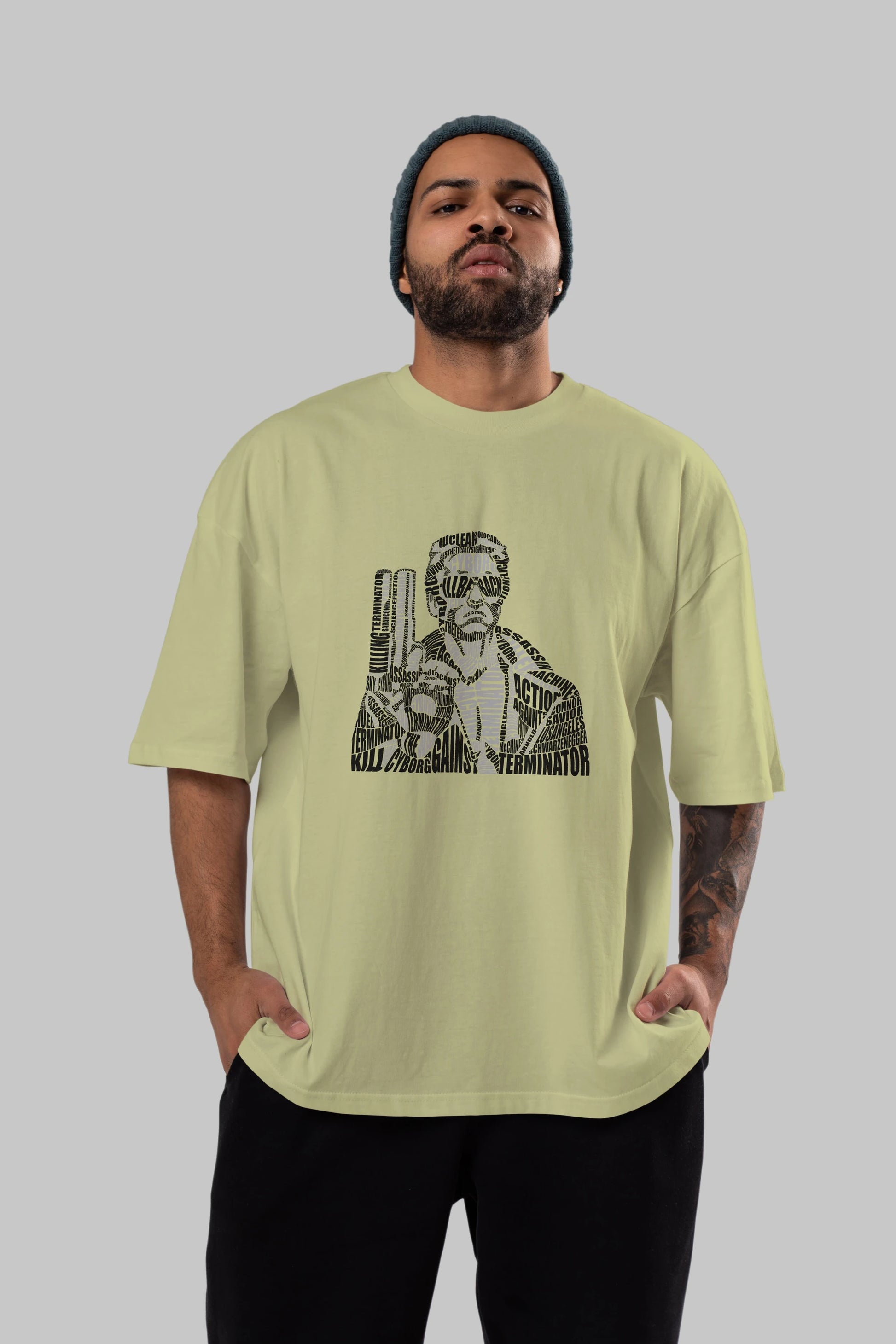 Terminator Calligram Ön Baskılı Oversize t-shirt %100 pamuk Erkek Kadın Unisex
