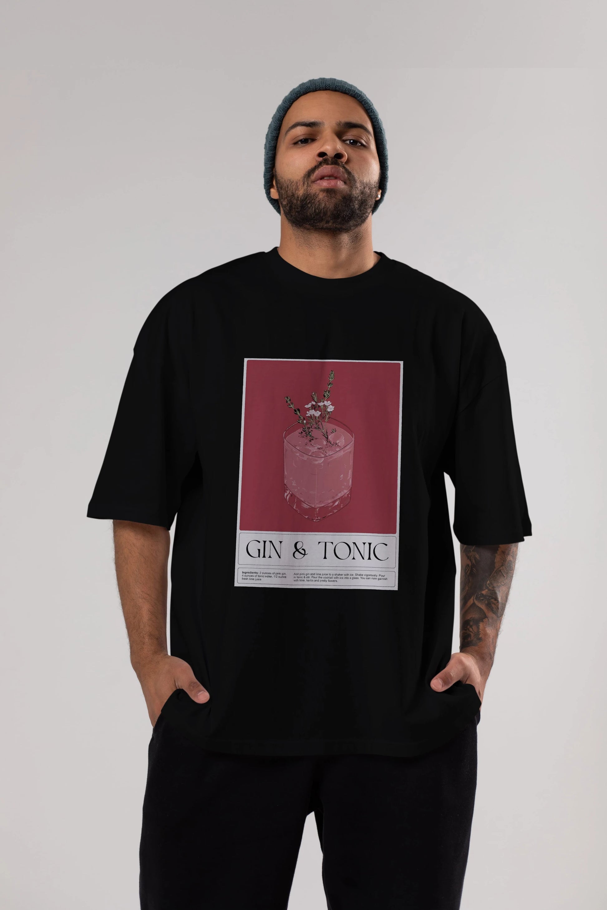 Gin Tonic 4 Ön Baskılı Oversize t-shirt Erkek Kadın Unisex %100 Pamuk Bisiklet Yaka tişort
